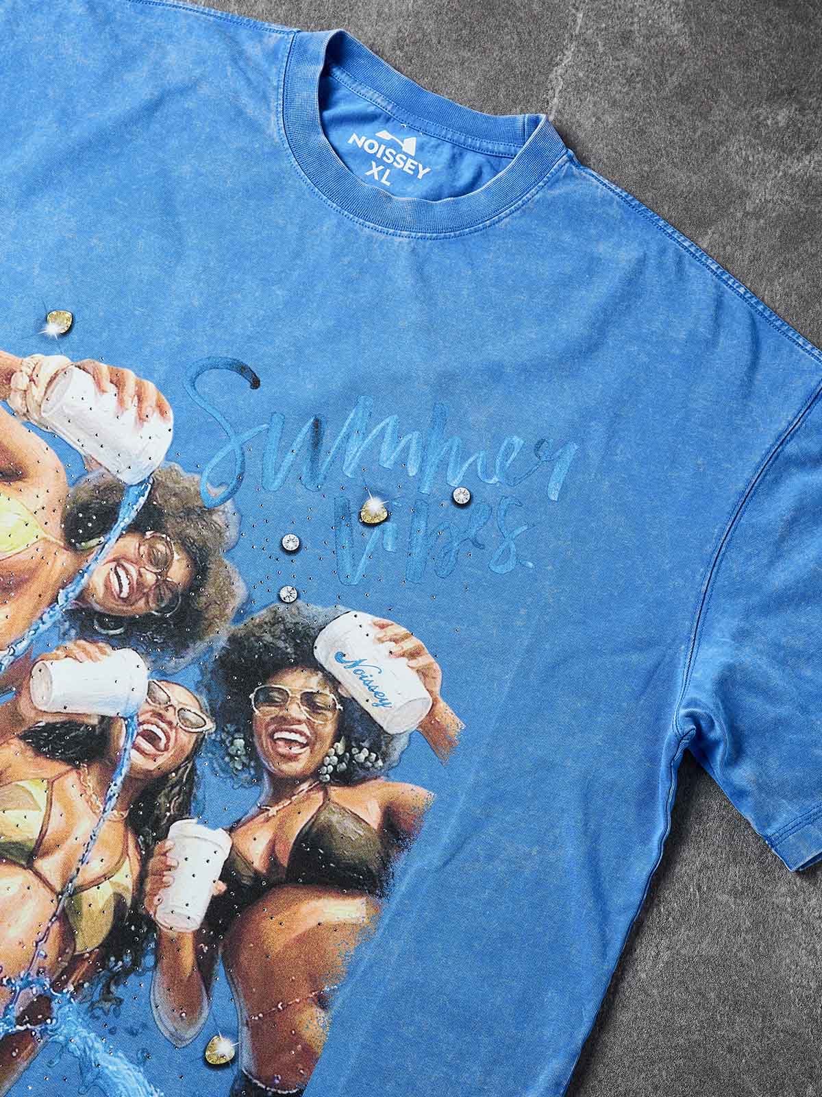 NOISSEY "Summer Vibes" Graphic Art Washed Distressed Rhinestone Heavyweight T-Shirt - Image 6