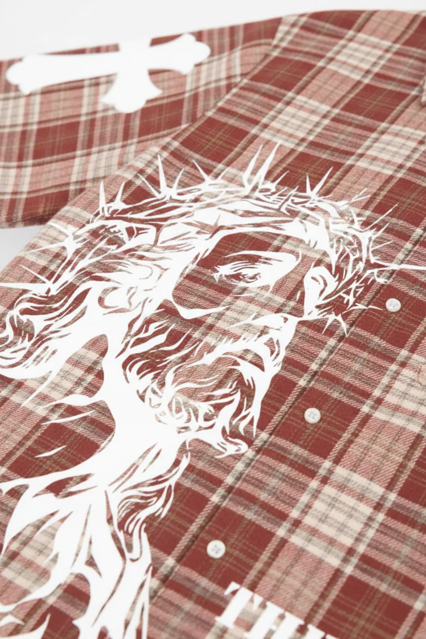NOISSEY "THE WAY" RELIGIOUS ART PORTRAIT PLAID BOXY SHIRT - Image 5