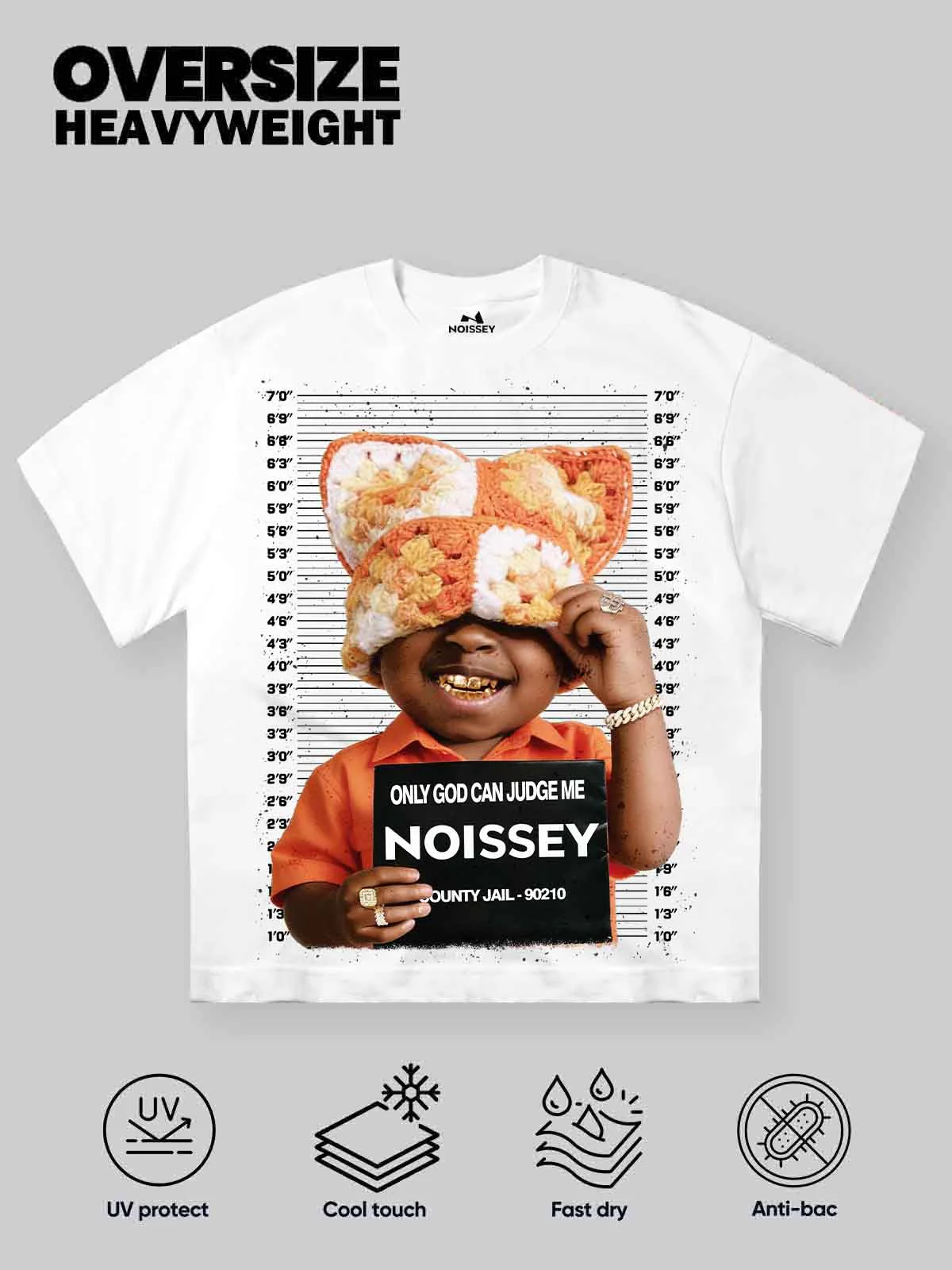 NOISSEY "Urban Mischief" Cat-Ear Beanie Graphic T-Shirt - White - Image 2