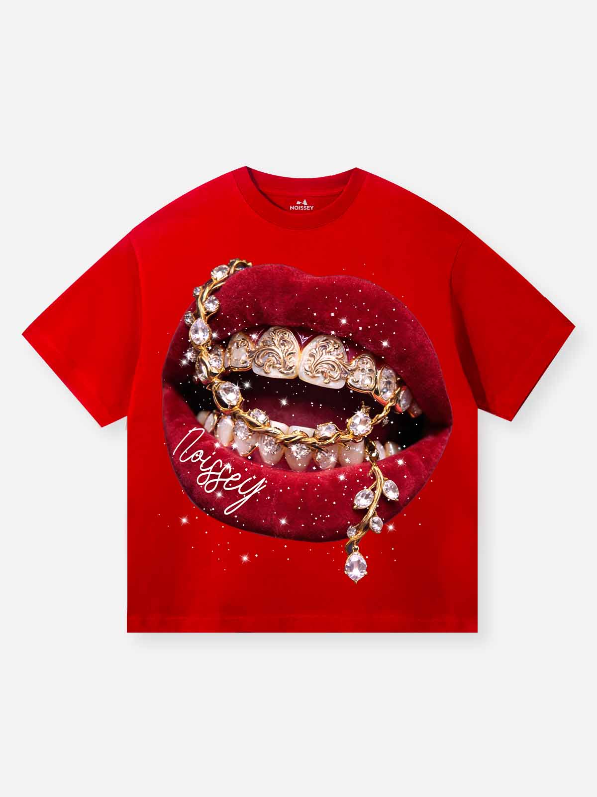 NOISSEY "Velvet Sparkle" Y2K Bling Red Lips & Gold Chain Rhinestone T-Shirt - Chili Red
