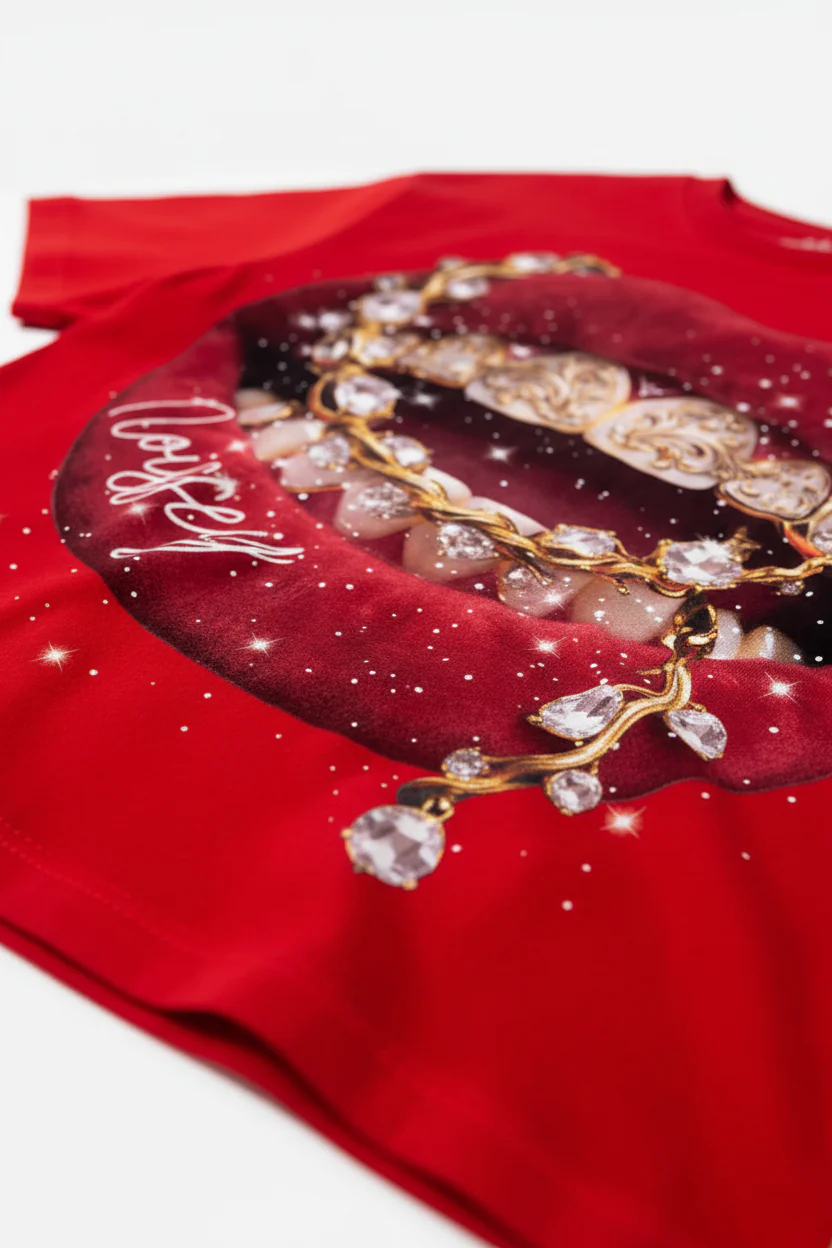 NOISSEY "Velvet Sparkle" Y2K Bling Red Lips & Gold Chain Rhinestone T-Shirt - Chili Red - Image 7