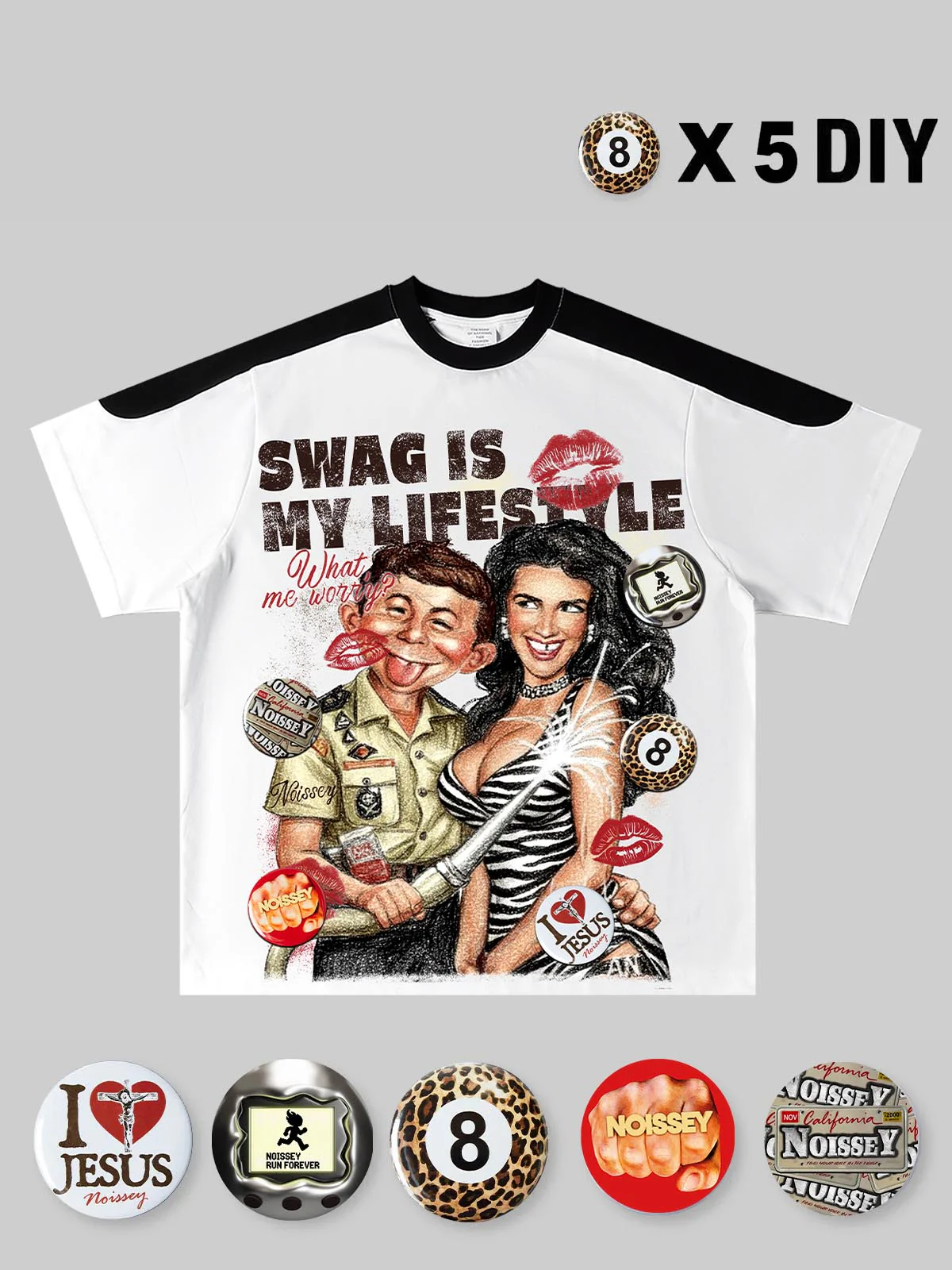 NOISSEY VINTAGE CARTOON STYLE "SWAG IS MY LIFESTYLE" DIY BADGE GRAPHIC T-SHIRT