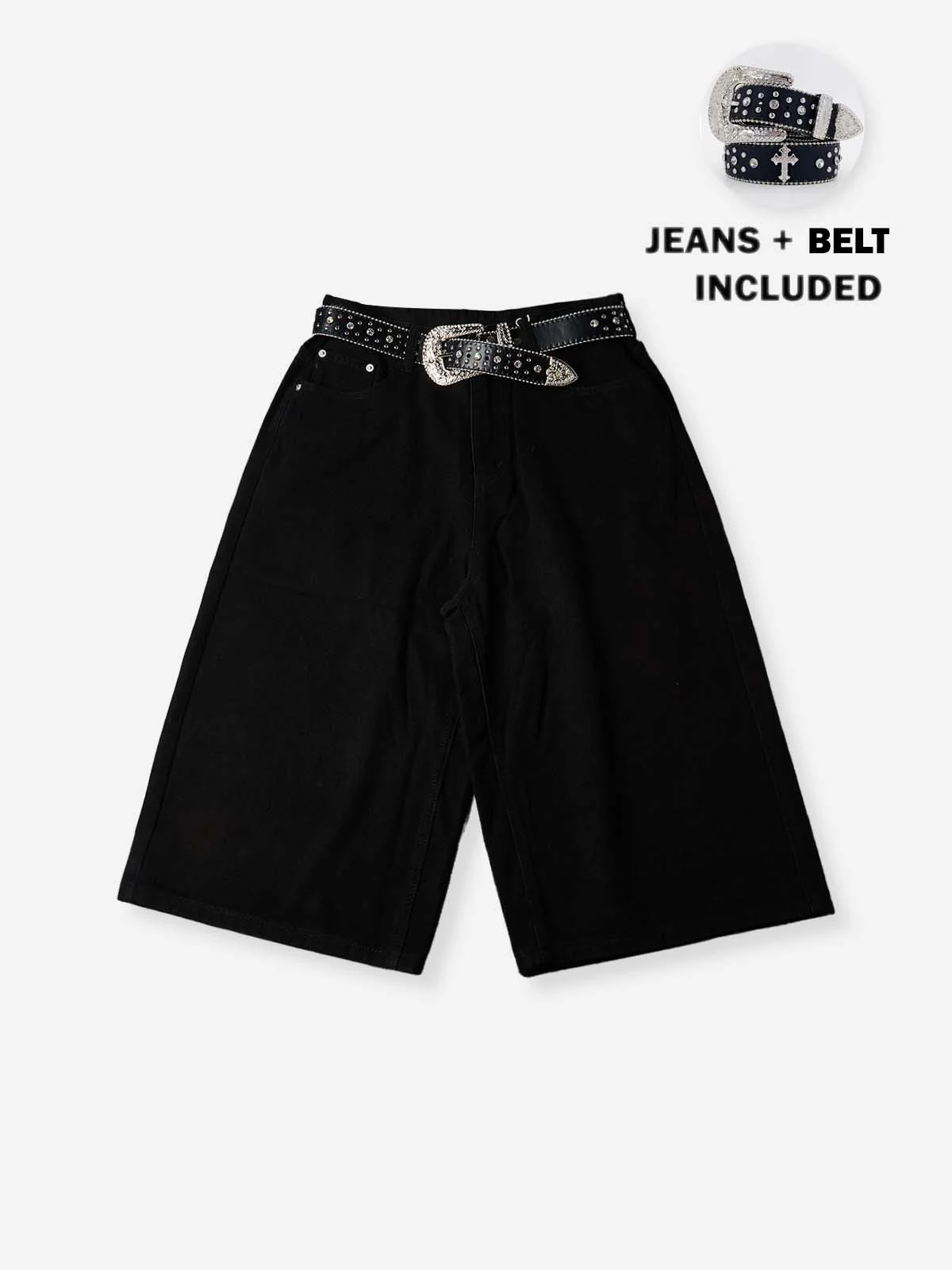 NOISSEY Western Belted Vintage Wash Boxy Denim Culottes - Onyx Black