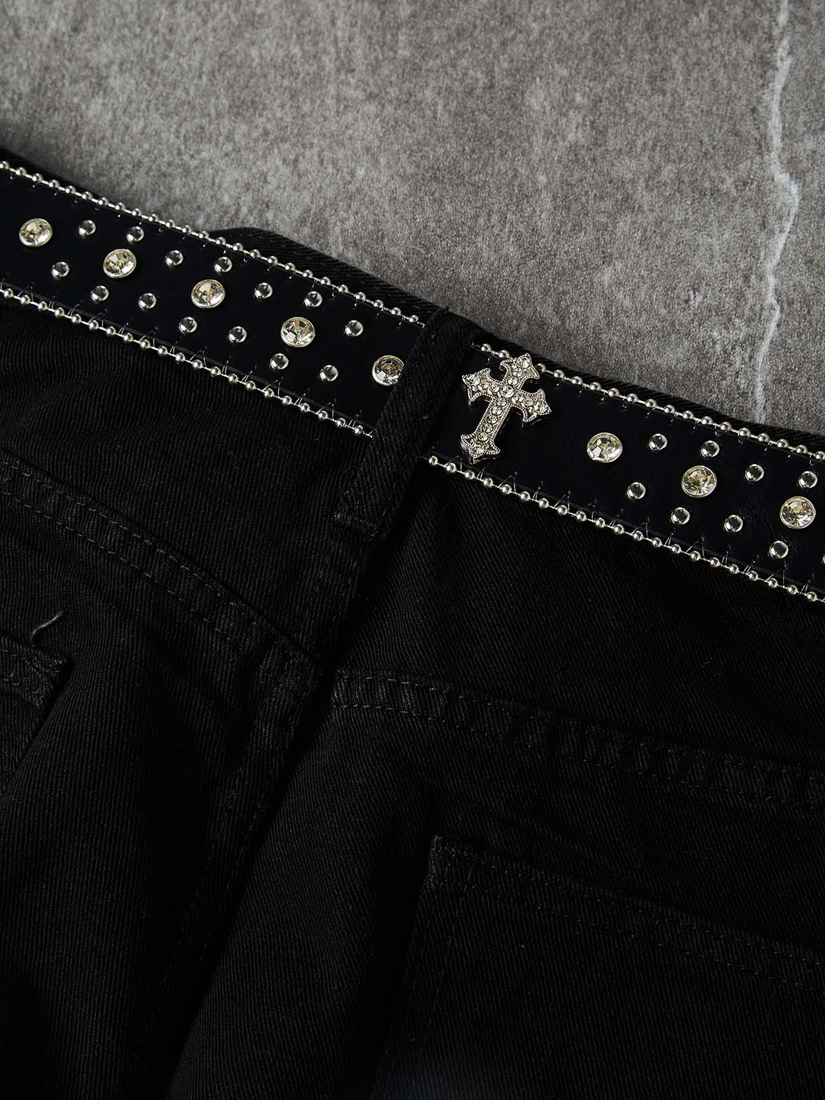 NOISSEY Western Belted Vintage Wash Boxy Denim Culottes - Onyx Black - Image 3