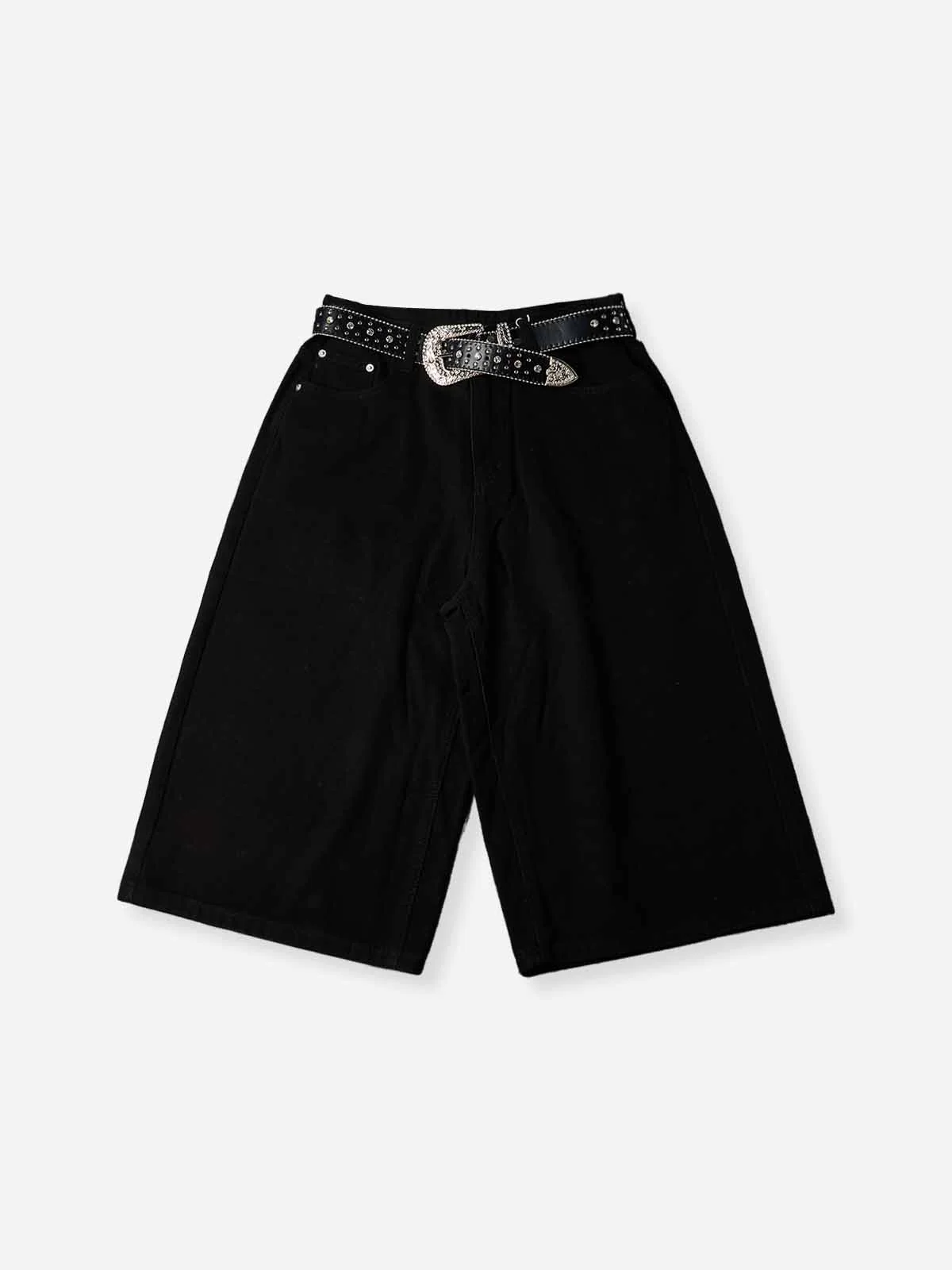 NOISSEY Western Belted Vintage Wash Boxy Denim Culottes - Onyx Black - Image 4