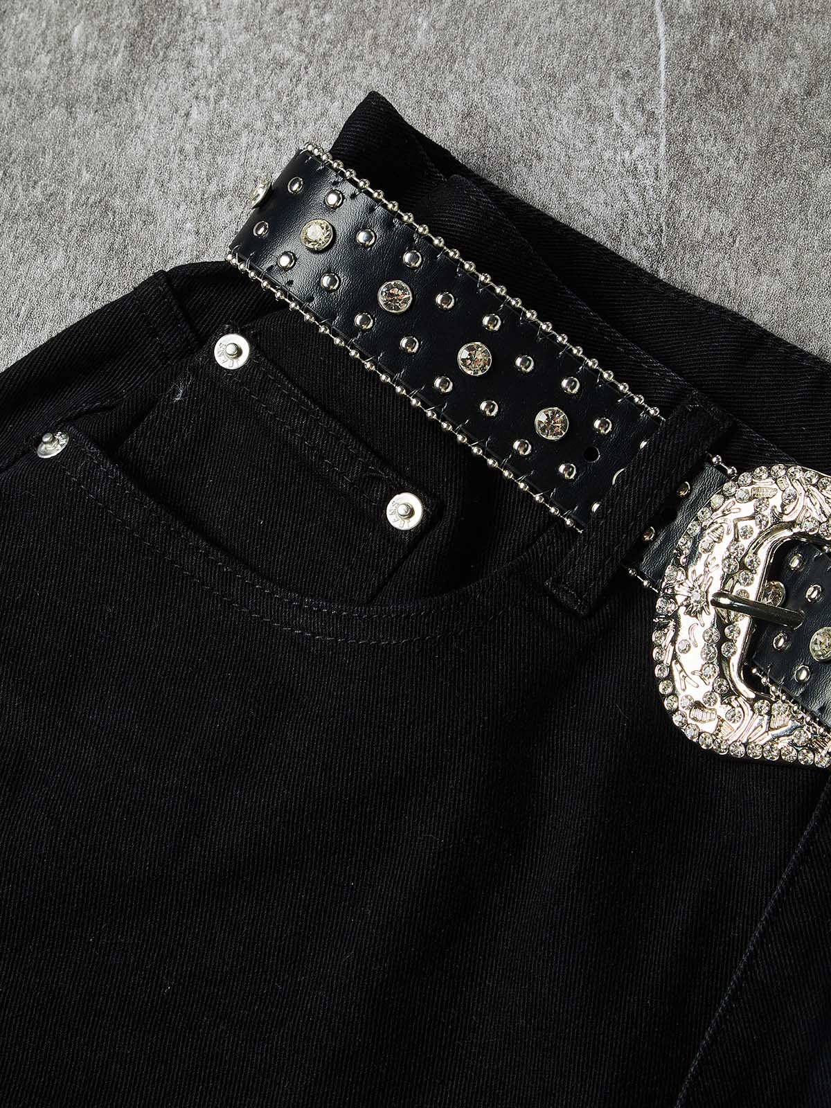 NOISSEY Western Belted Vintage Wash Boxy Denim Culottes - Onyx Black - Image 5
