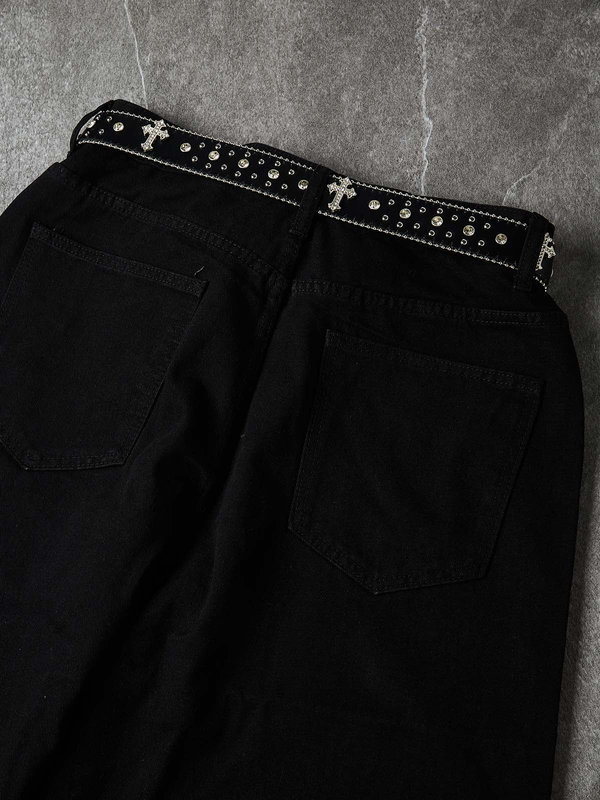 NOISSEY Western Belted Vintage Wash Boxy Denim Culottes - Onyx Black - Image 6
