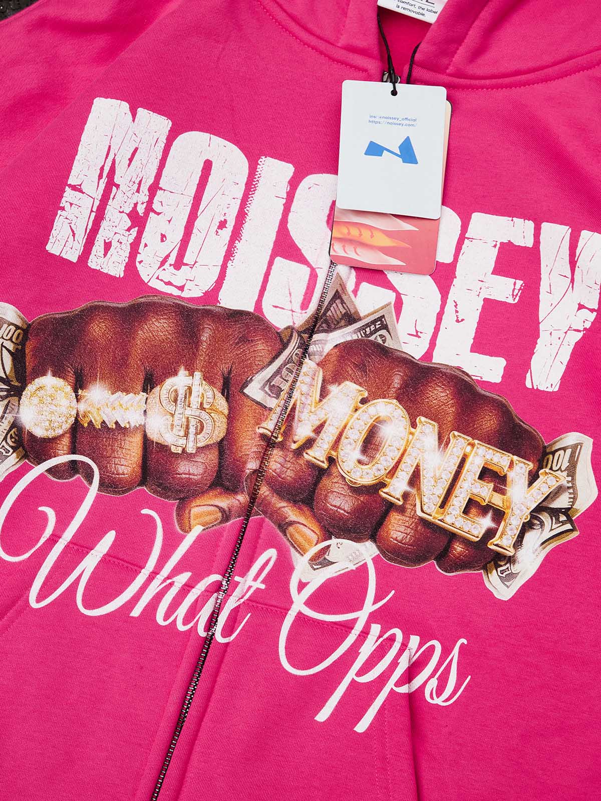 NOISSEY "What Opps" Luxury Streetwear Zip-Up Hoodie - Iced-Out Double Fist & Money Graphic Heavyweight Parka - Image 2