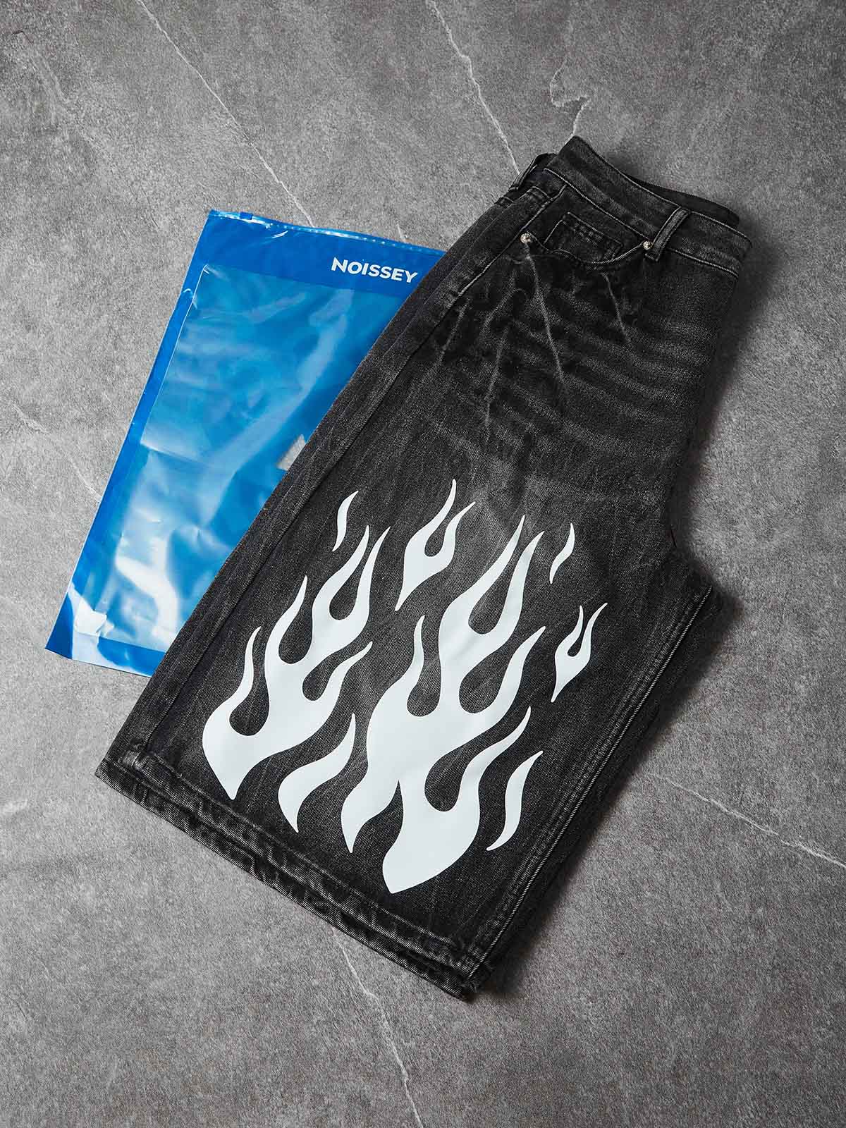 NOISSEY "White Flame" Graphic Distressed Heavyweight Denim Shorts - Image 7