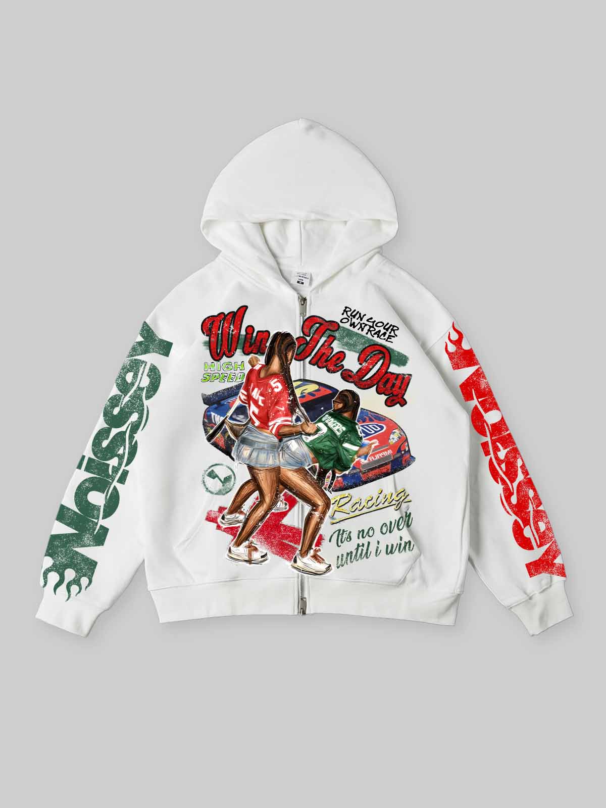 NOISSEY "Win The Day" Racing Culture Figure Graphic Zip-Up Hoodie - Racing White
