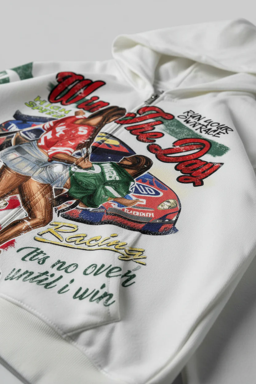 NOISSEY "Win The Day" Racing Culture Figure Graphic Zip-Up Hoodie - Racing White - Image 8