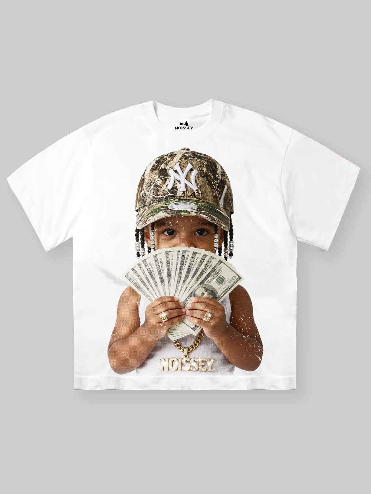 NOISSEY "Young Hustler" Vintage Portrait Tee – Iced-out Chains & Camo Aesthetic