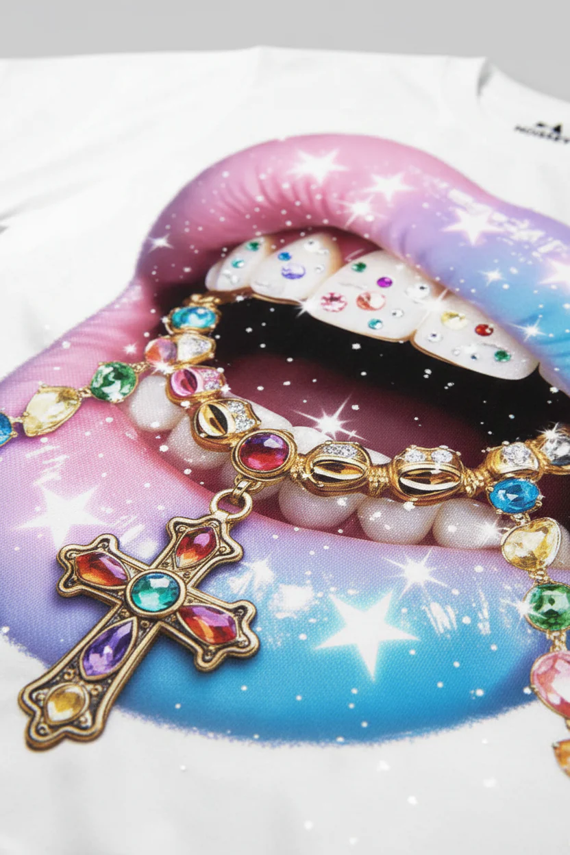 Pink-Blue Gradient Starry Sky with Lip-Adorned Glitter Art Print T-shirt - Image 7