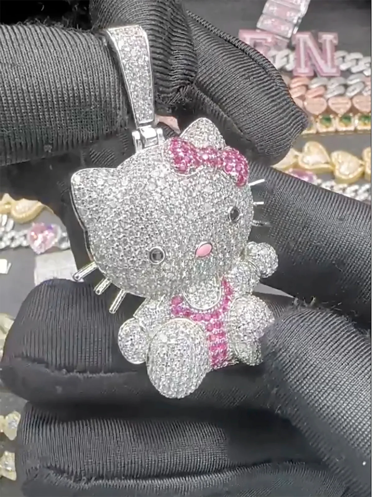 Pink Butterfly Kitty Diamond Pendant Necklace - Image 3