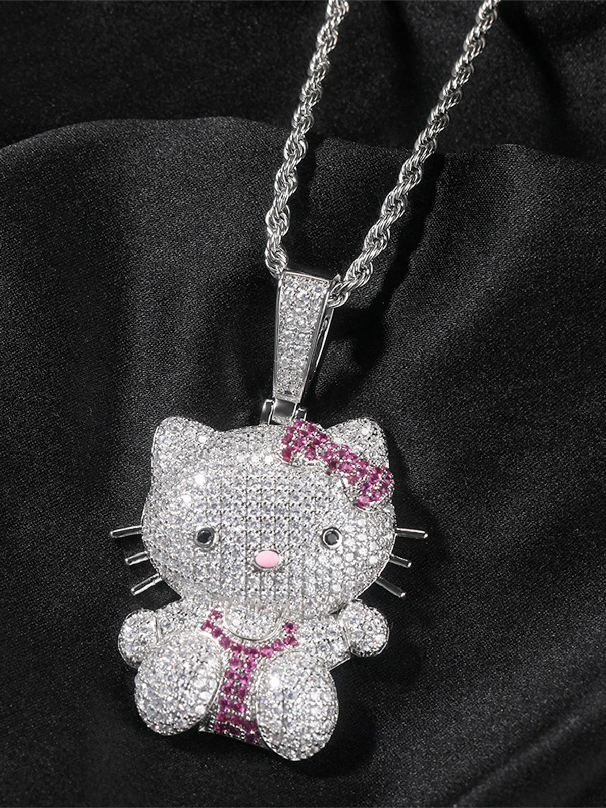 Pink Butterfly Kitty Diamond Pendant Necklace - Image 4