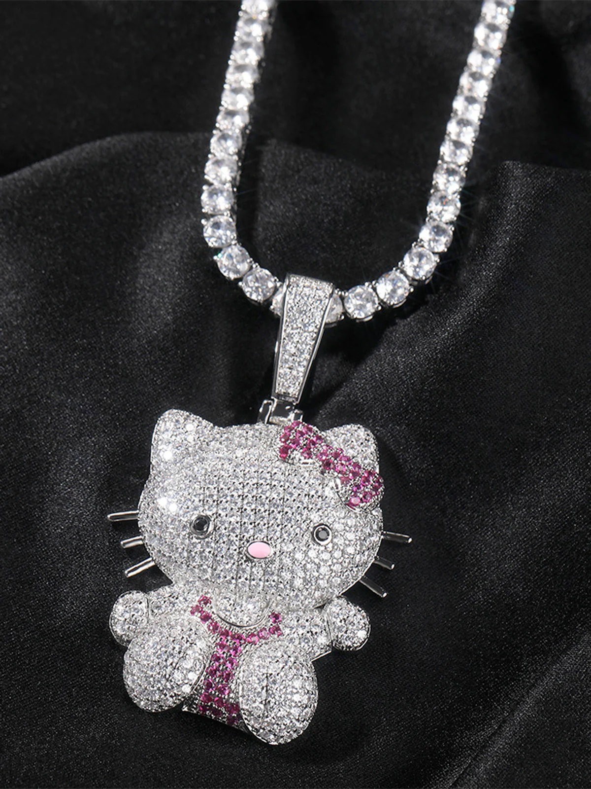 Pink Butterfly Kitty Diamond Pendant Necklace - Image 5