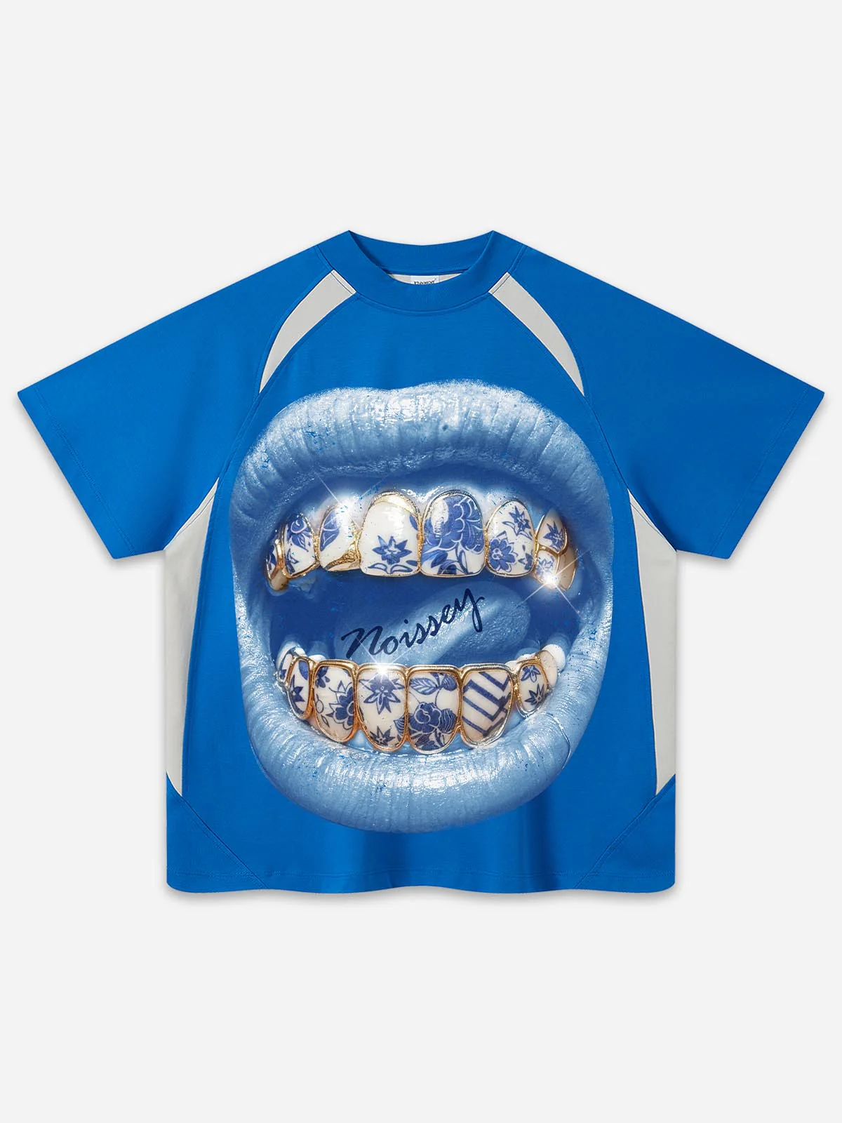 Cyanotype-style blue-and-white porcelain grillz shimmering art printed T-shirt