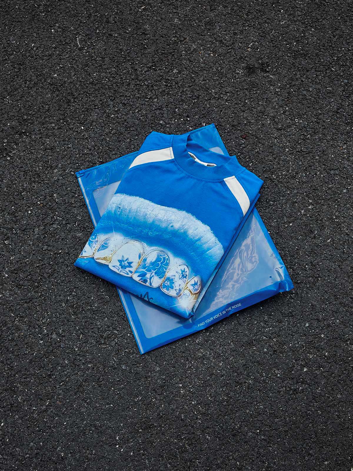 Cyanotype-style blue-and-white porcelain grillz shimmering art printed T-shirt - Image 2