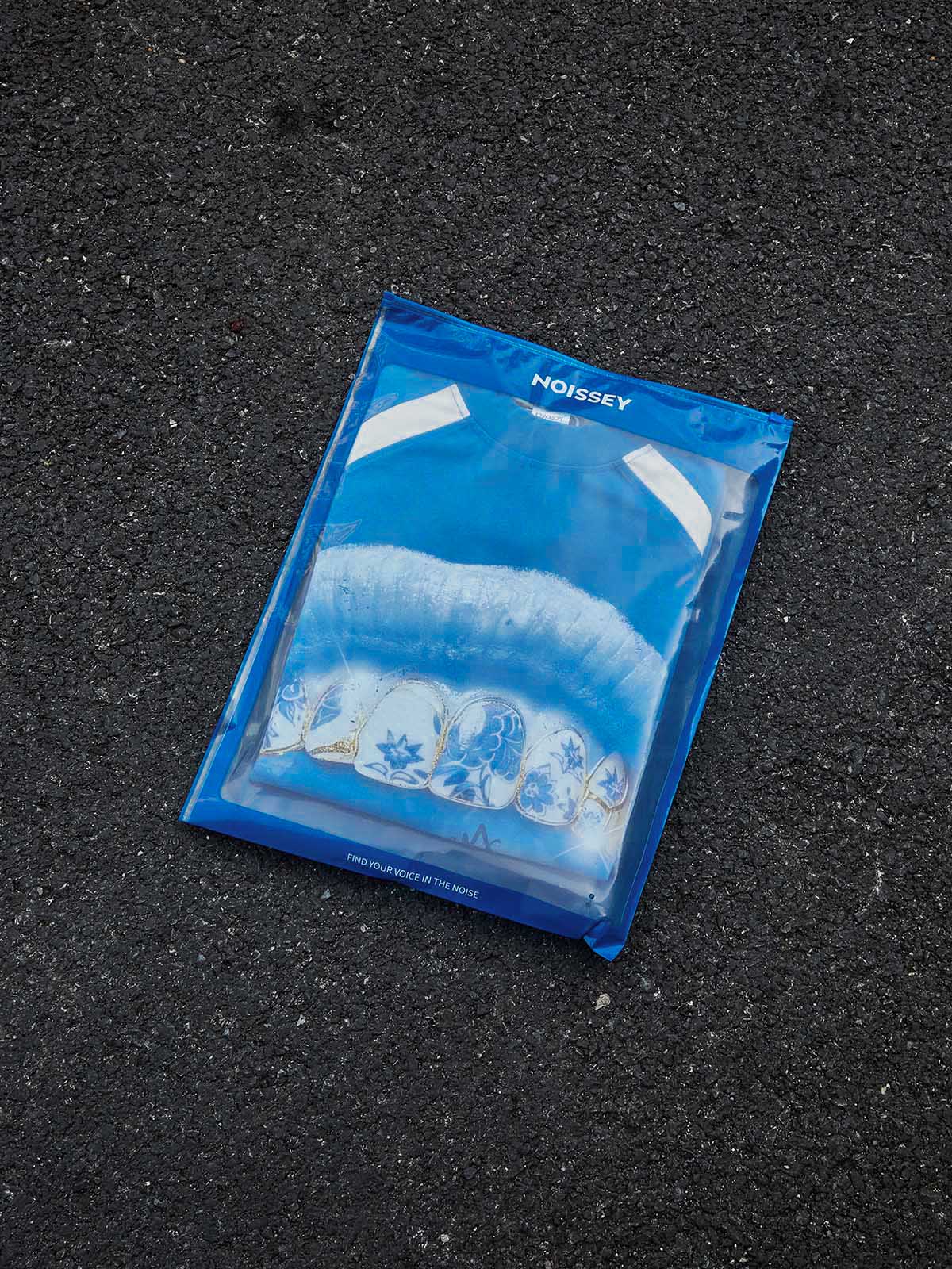 Cyanotype-style blue-and-white porcelain grillz shimmering art printed T-shirt - Image 3