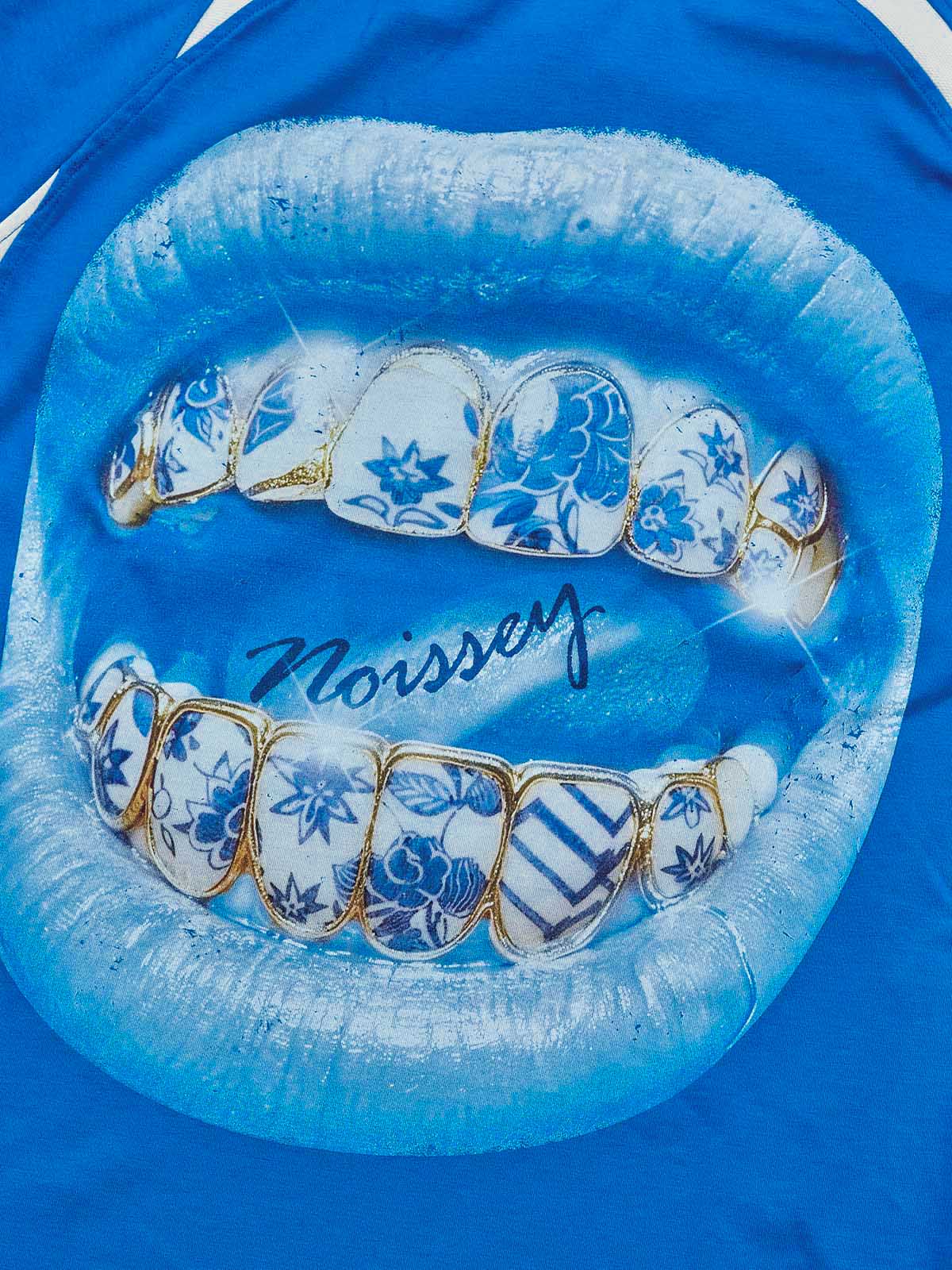 Cyanotype-style blue-and-white porcelain grillz shimmering art printed T-shirt - Image 6