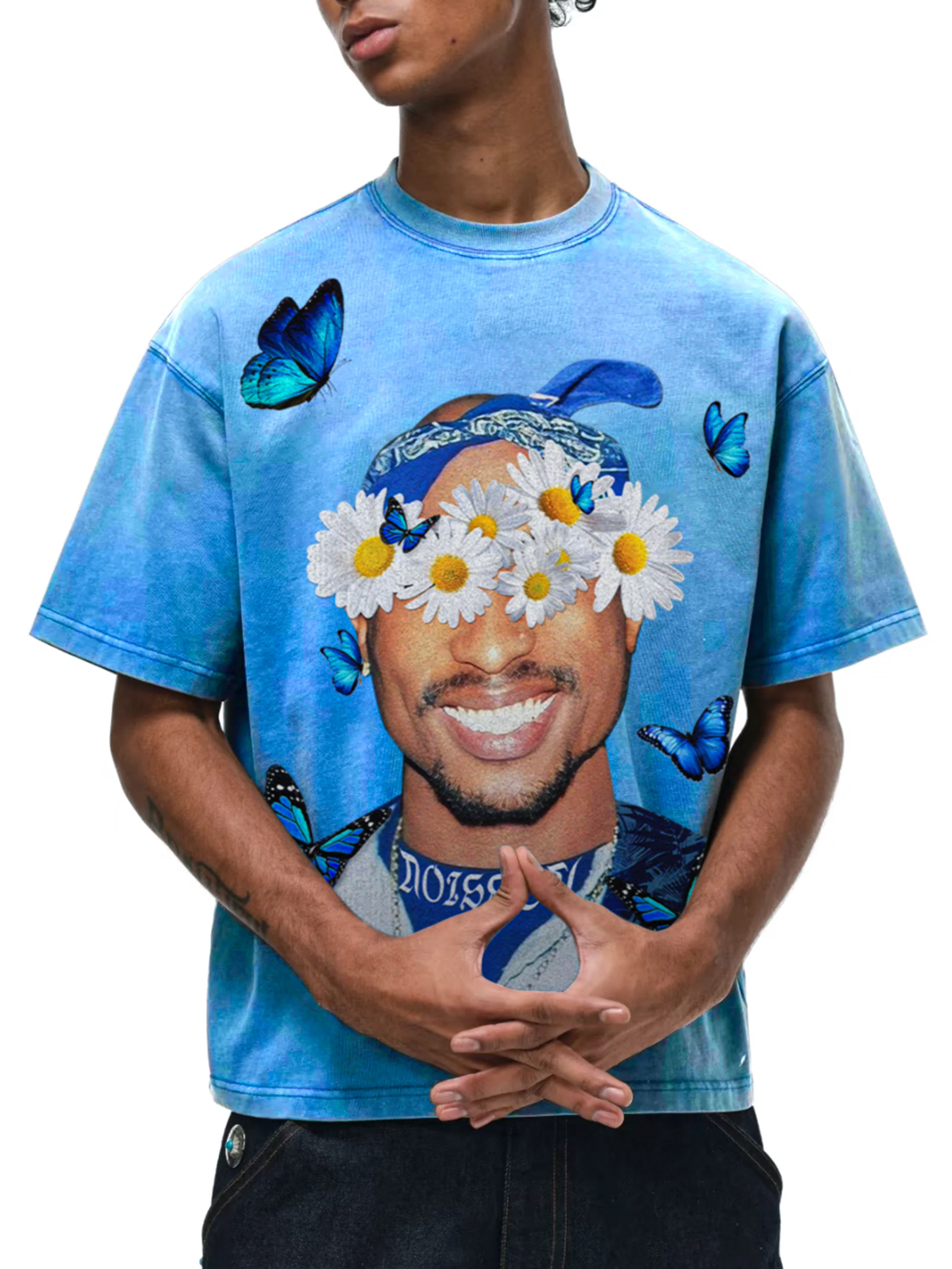 Rap Star Blue Washed Art Print T-Shirt - Image 6