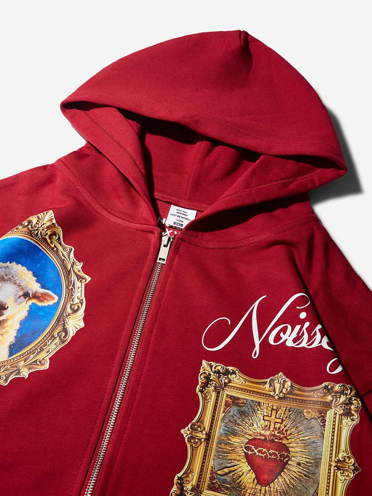 Red Hoodie Adorned with Religious Icons - Image 2