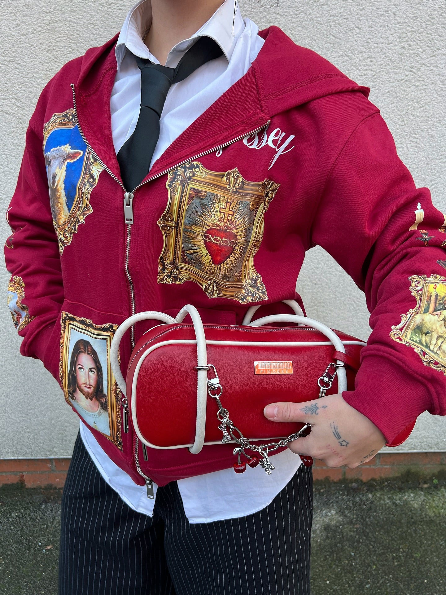 Red Hoodie Adorned with Religious Icons - Image 3