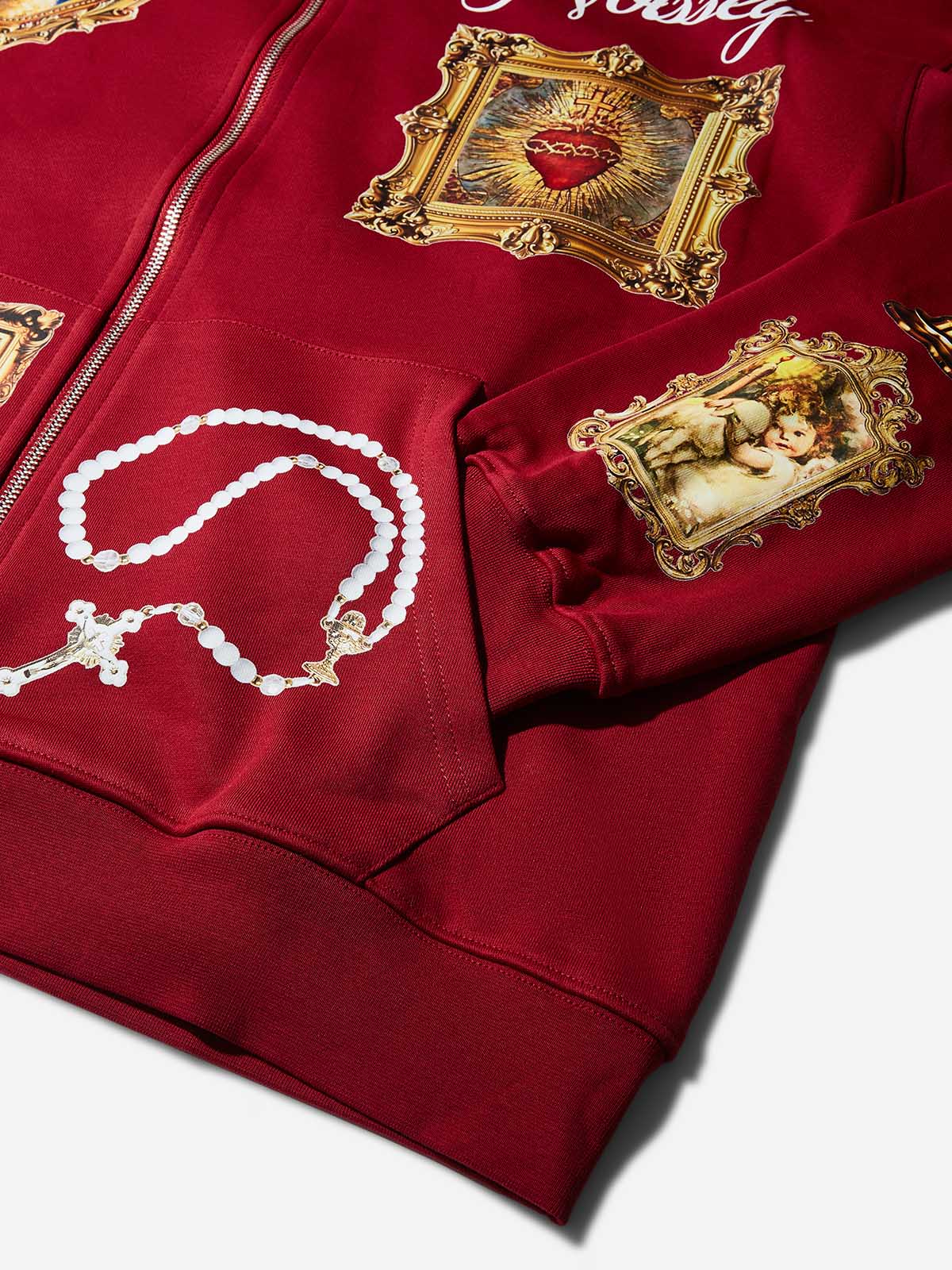 Red Hoodie Adorned with Religious Icons - Image 4