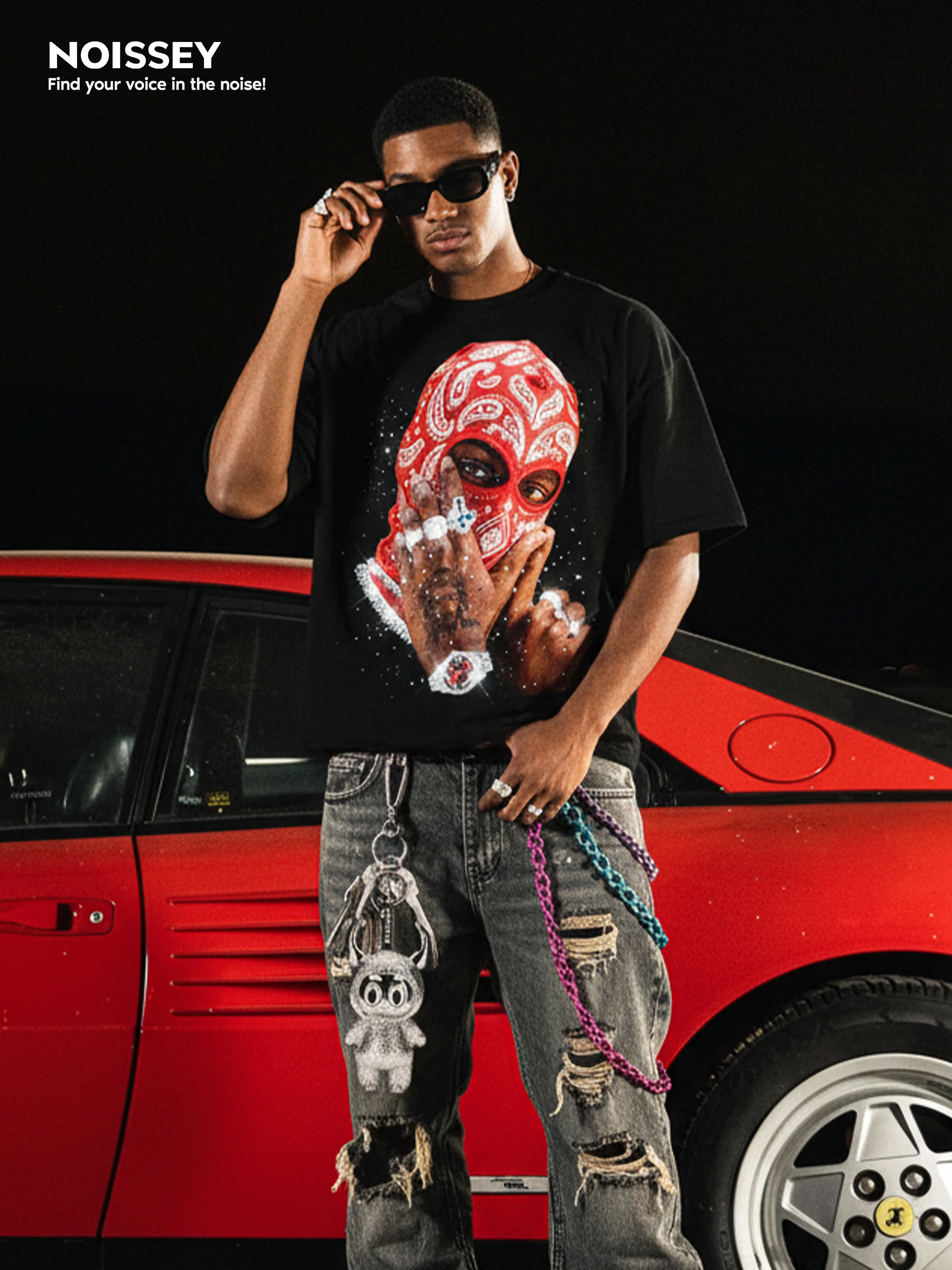 NOISSEY RED PAISLEY BALACLAVA - SHIMMERING JEWEL ART OVERSIZED TEE - Image 2