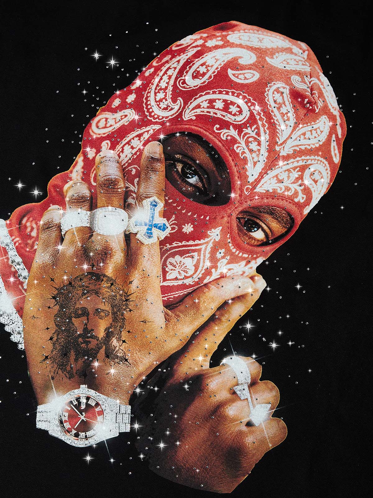 NOISSEY RED PAISLEY BALACLAVA - SHIMMERING JEWEL ART OVERSIZED TEE - Image 3