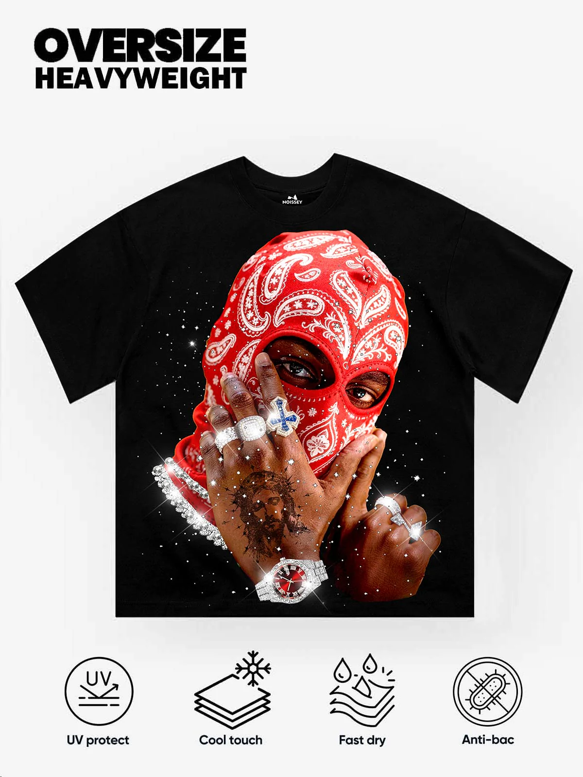 NOISSEY RED PAISLEY BALACLAVA - SHIMMERING JEWEL ART OVERSIZED TEE - Image 4