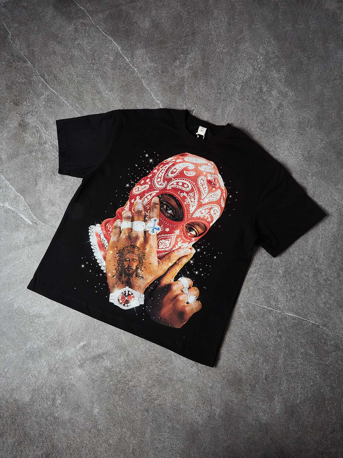 NOISSEY RED PAISLEY BALACLAVA - SHIMMERING JEWEL ART OVERSIZED TEE - Image 7