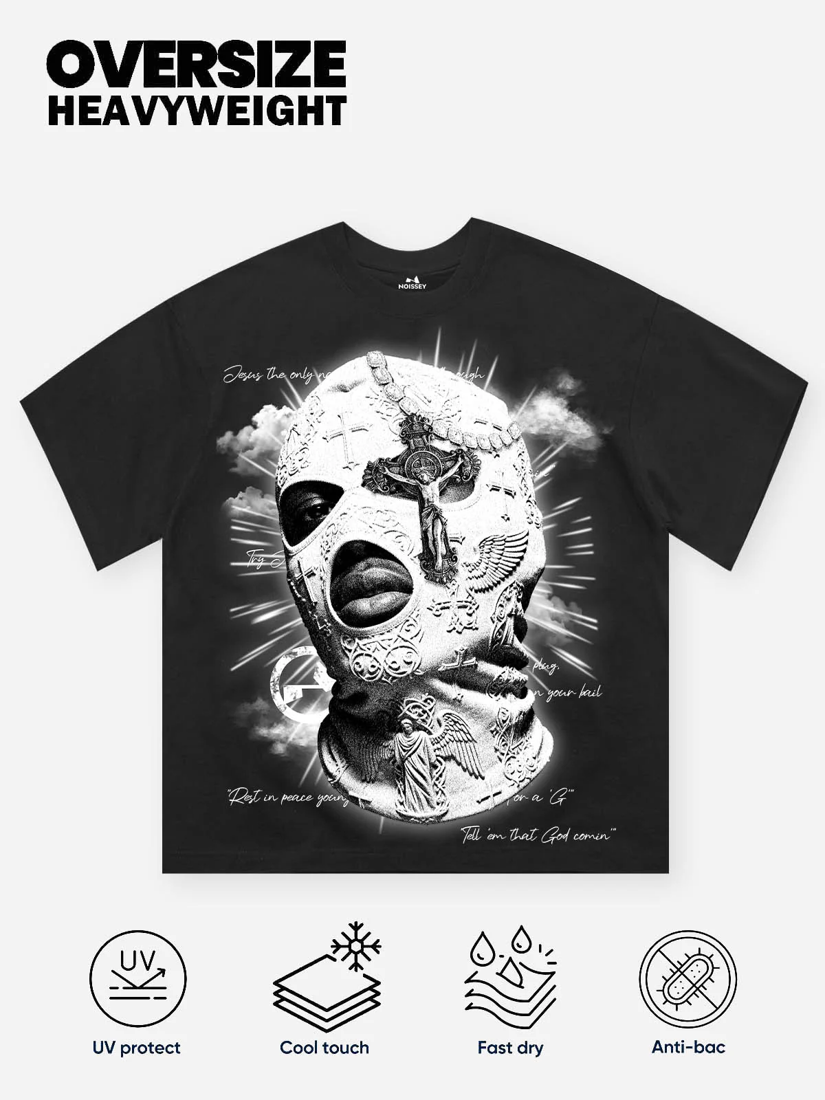 Religious Cross Embossed Balaclava Print T-shirt - Image 2