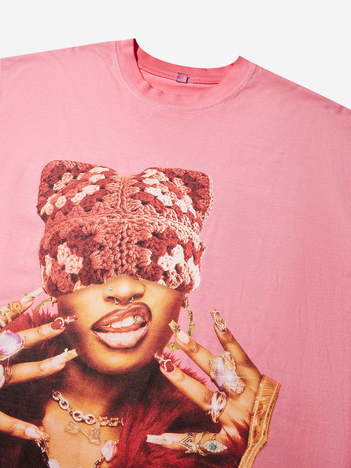 Rich Girl Cat-ear Hat Gradient Pink Washed Print T-shirt - Image 2