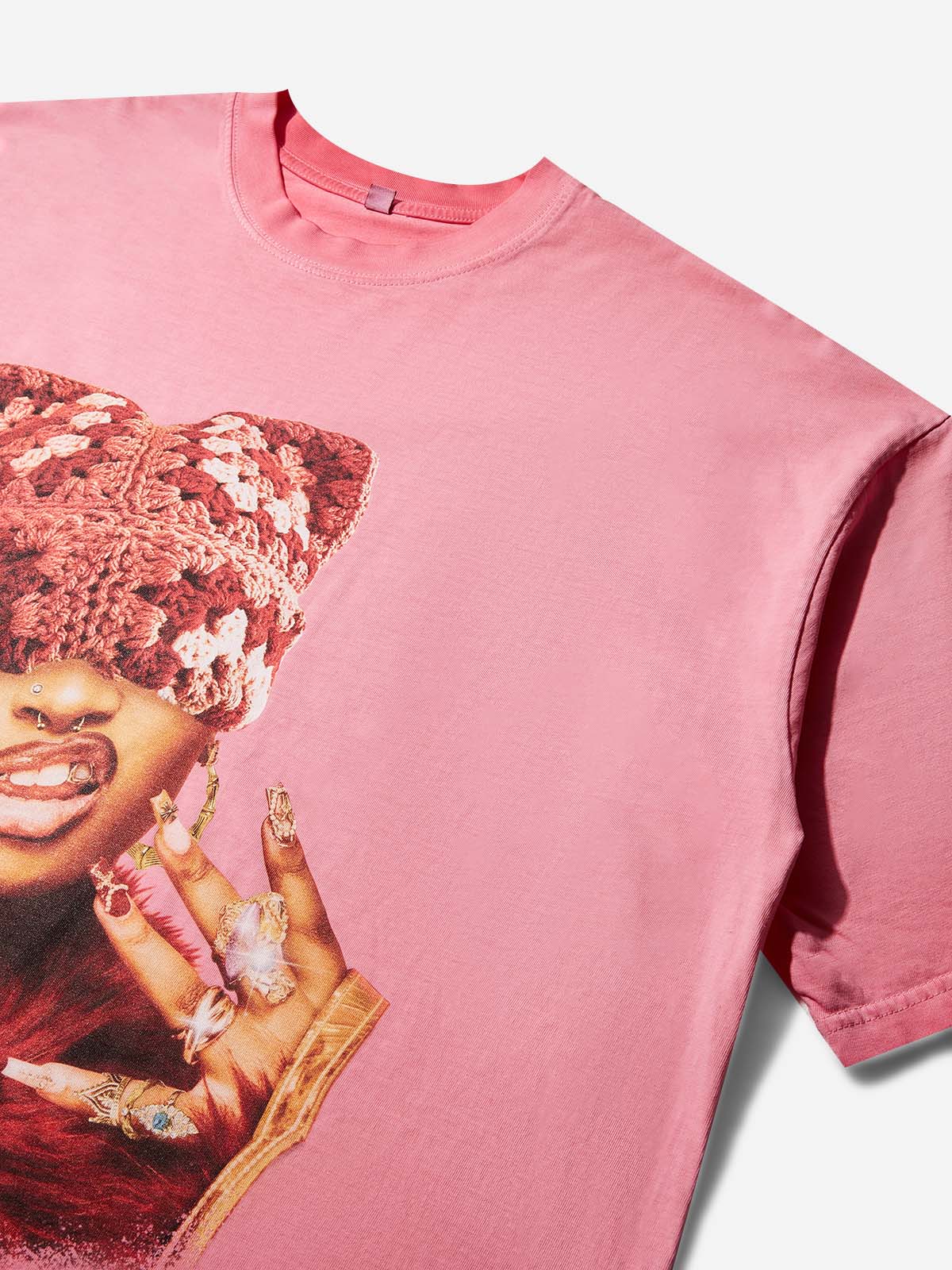 Rich Girl Cat-ear Hat Gradient Pink Washed Print T-shirt - Image 3