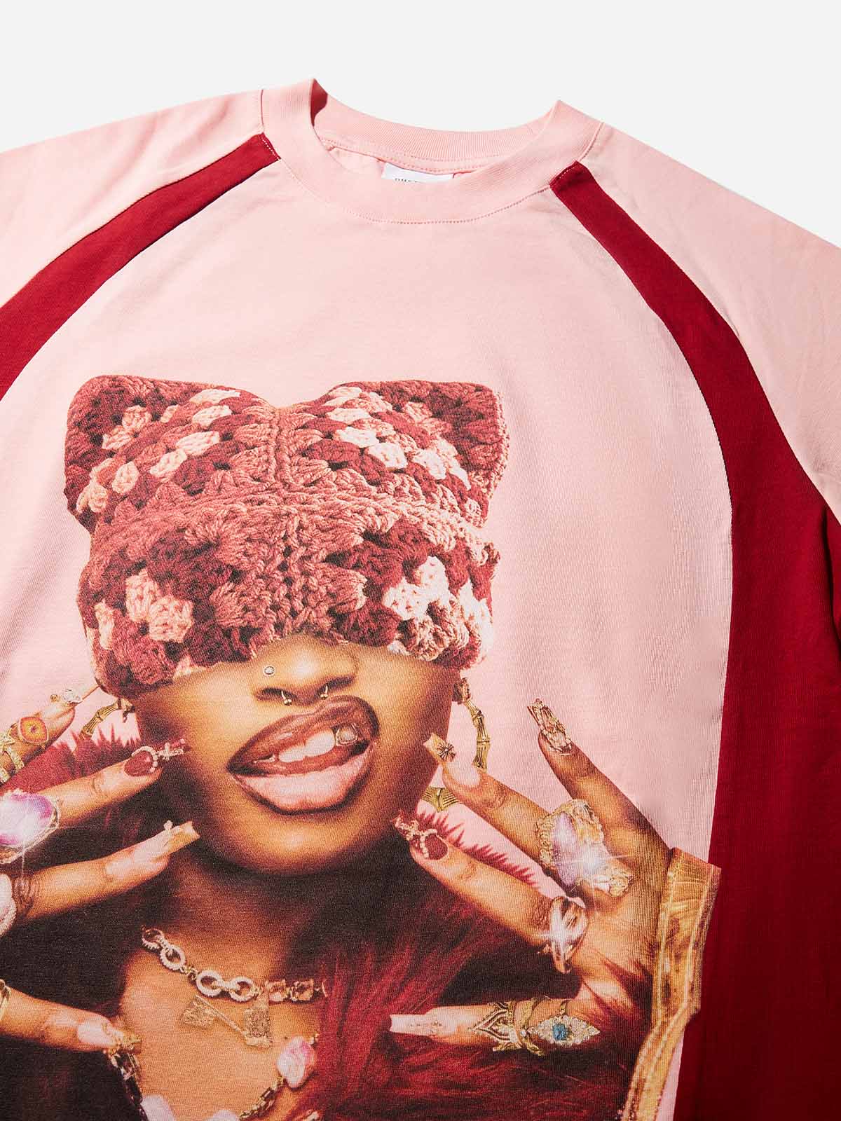 Rich Girl Cat-ear Hat Print pink Preppy T-shirt - Image 2