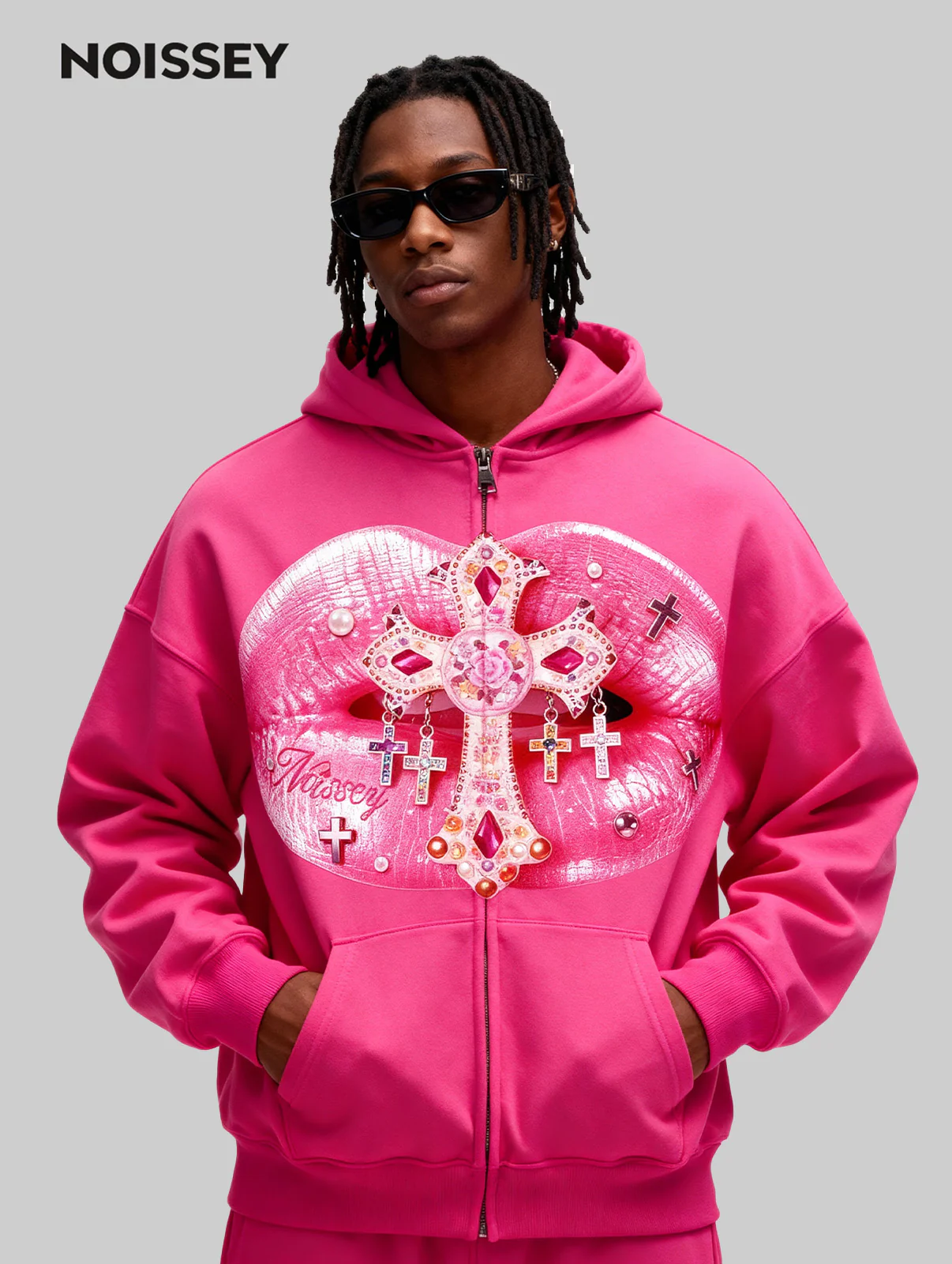 Romantic Pink Cross Lips Print Hoodie - Image 4
