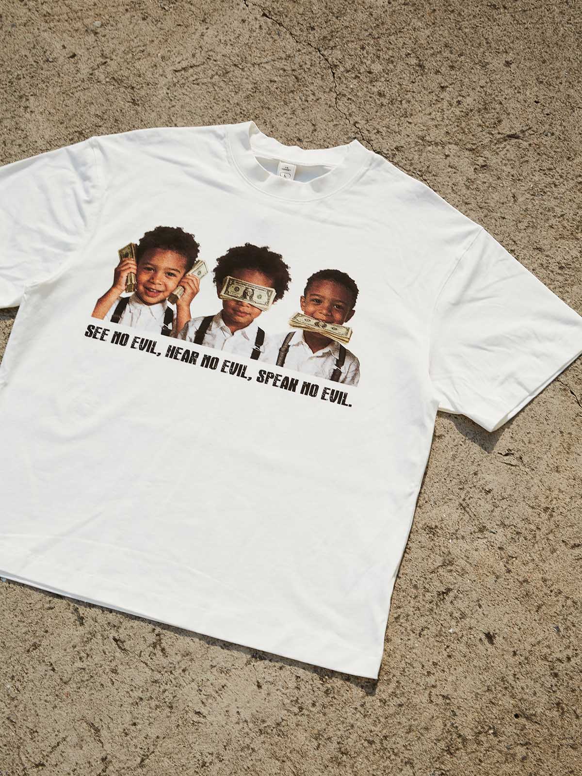 "See no evil, hear no evil, speak no evil" child-art print Streetwear T-shirt - Image 6