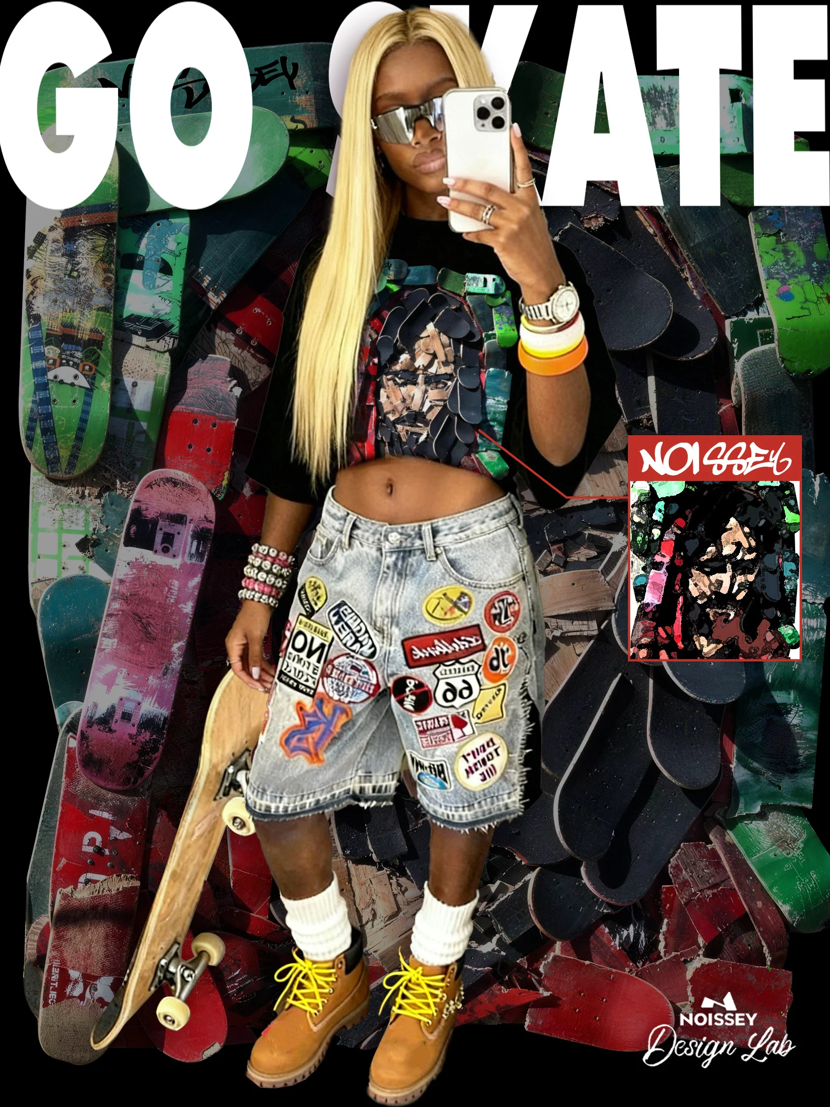 Skateboard Character Collage Print Boxy Oversized T-shirt - Image 4