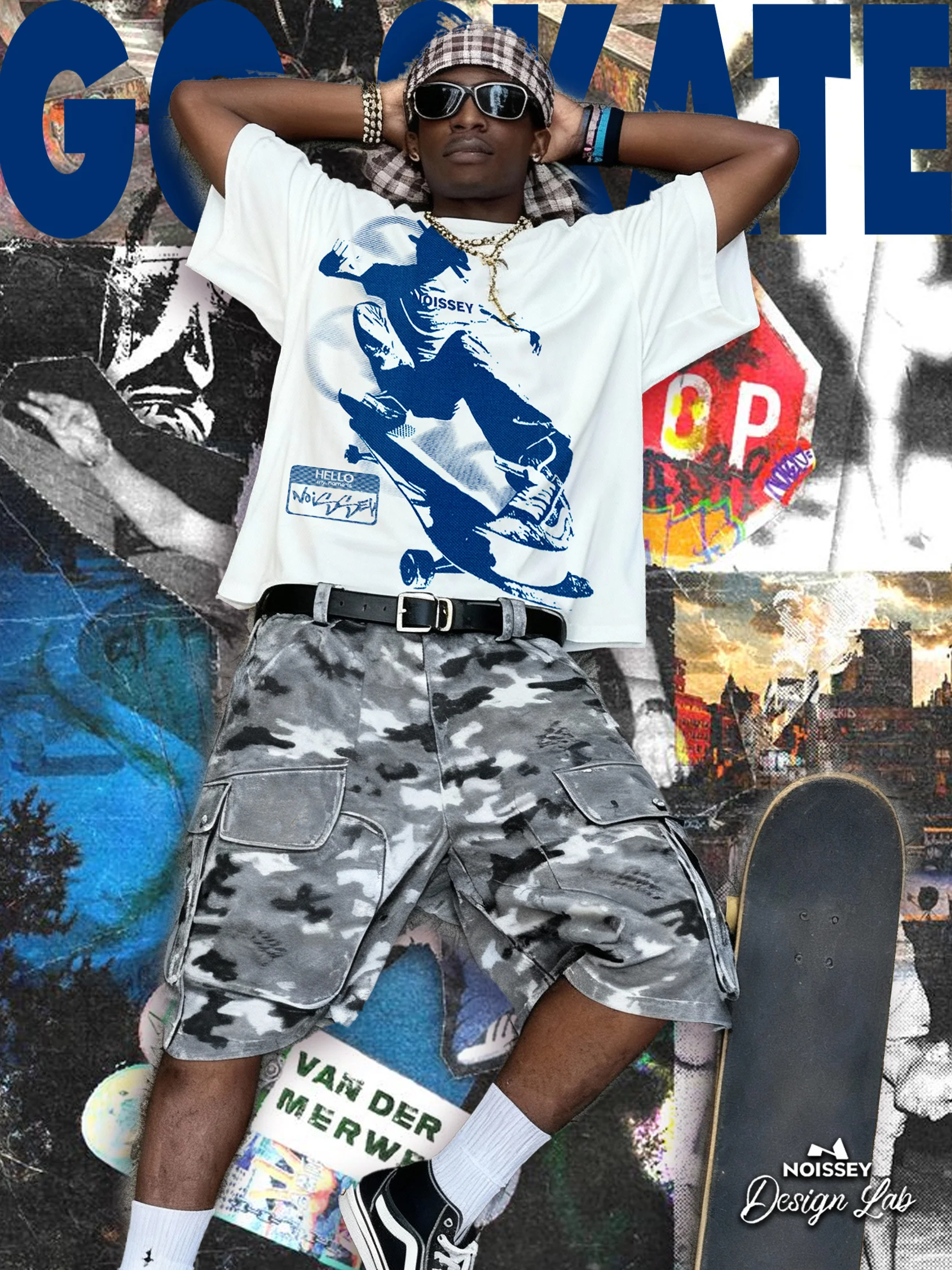 Skateboarding Teen in Motion Blueprint Monochrome Print T-shirt - Image 3