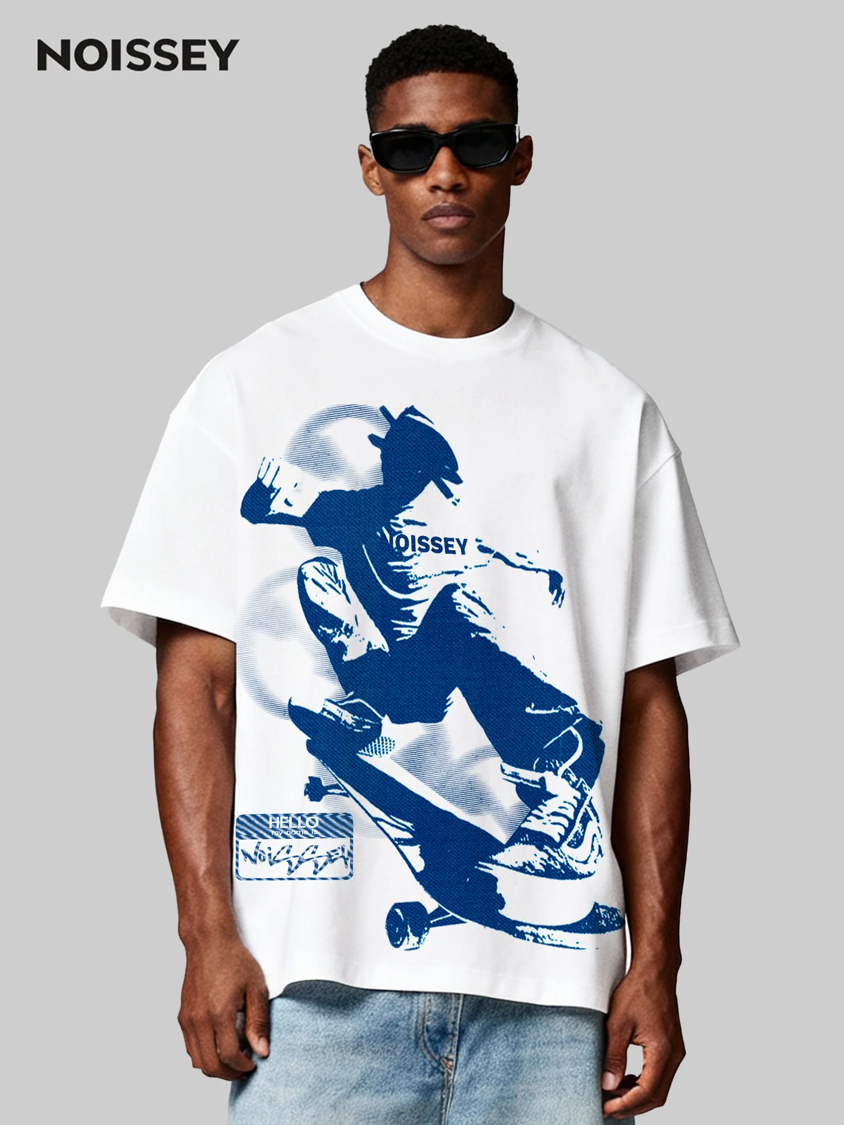 Skateboarding Teen in Motion Blueprint Monochrome Print T-shirt - Image 4