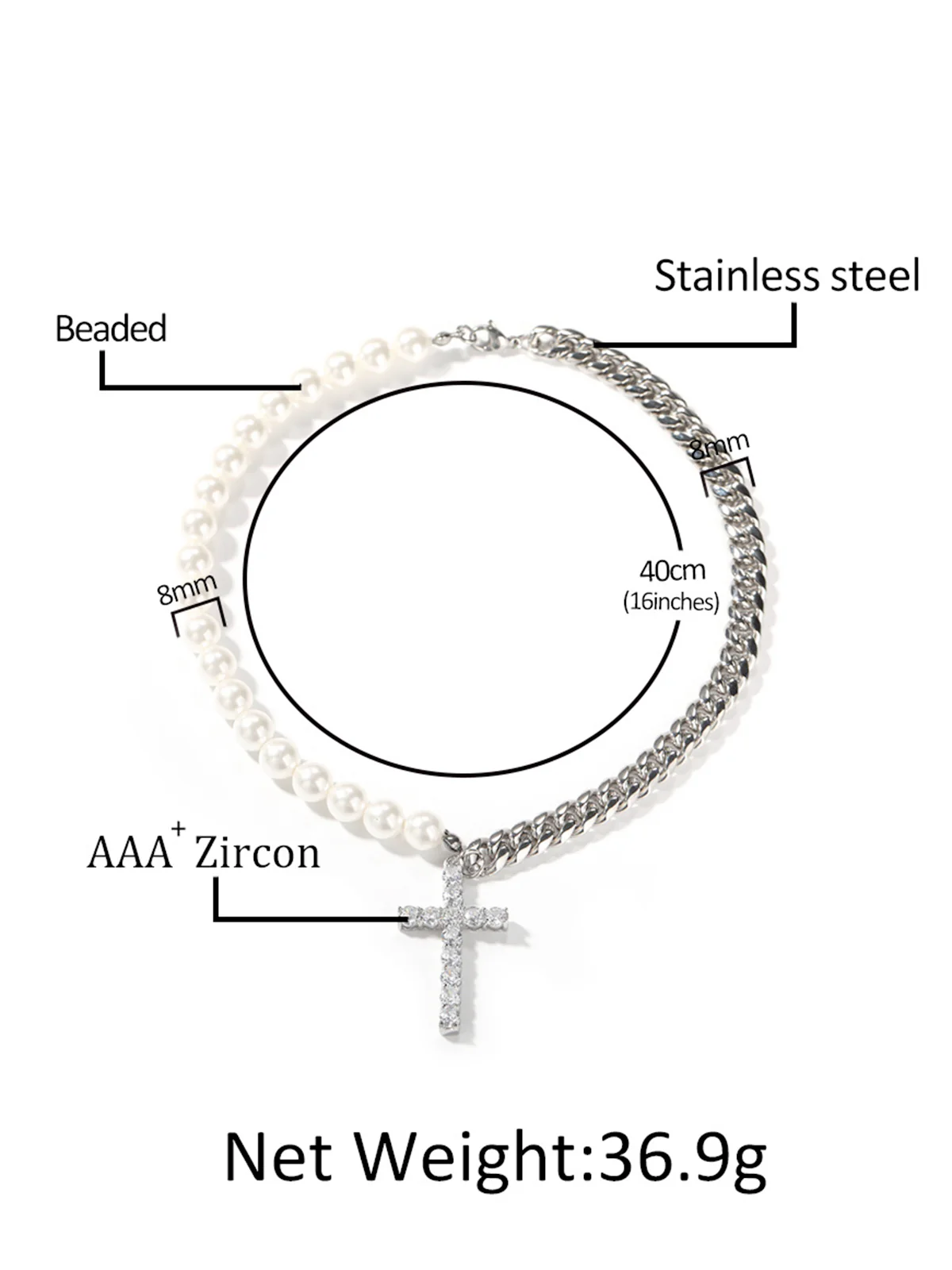 Stainless steel Cuban link and pearl combined Necklace - Image 5