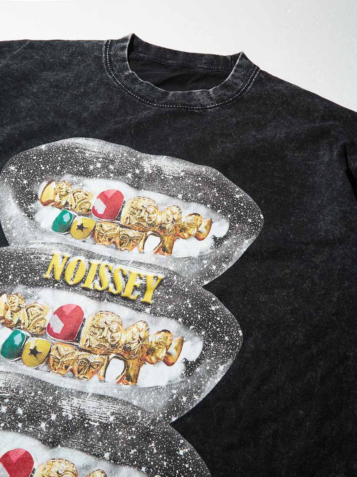 Starry Sky Vintage Grillz Washed Fake Two-Piece Print Long-Sleeve T-shirt - Image 3