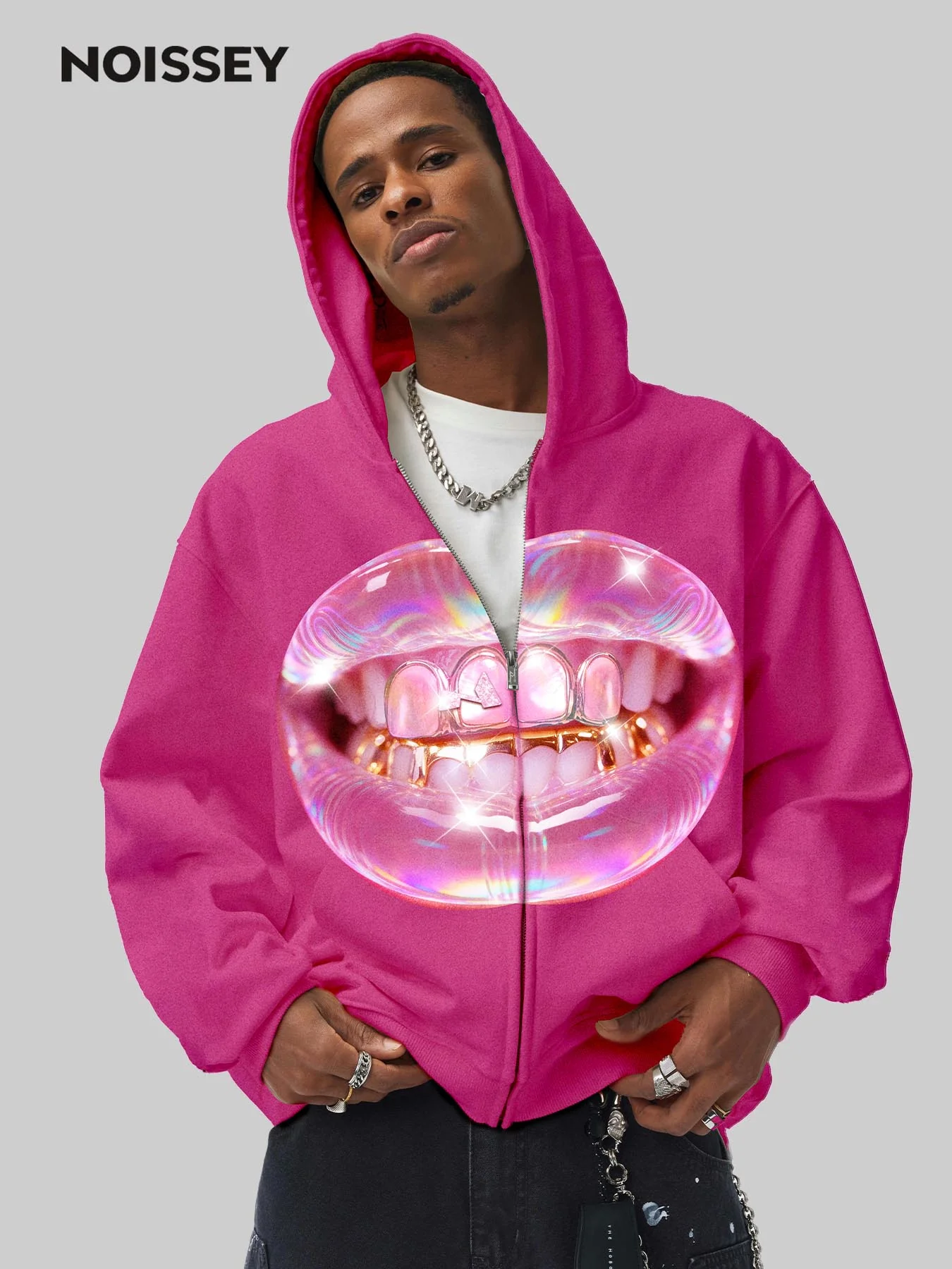 Transparent jelly cat's eye Grillz print pink warm hoodie - Image 2