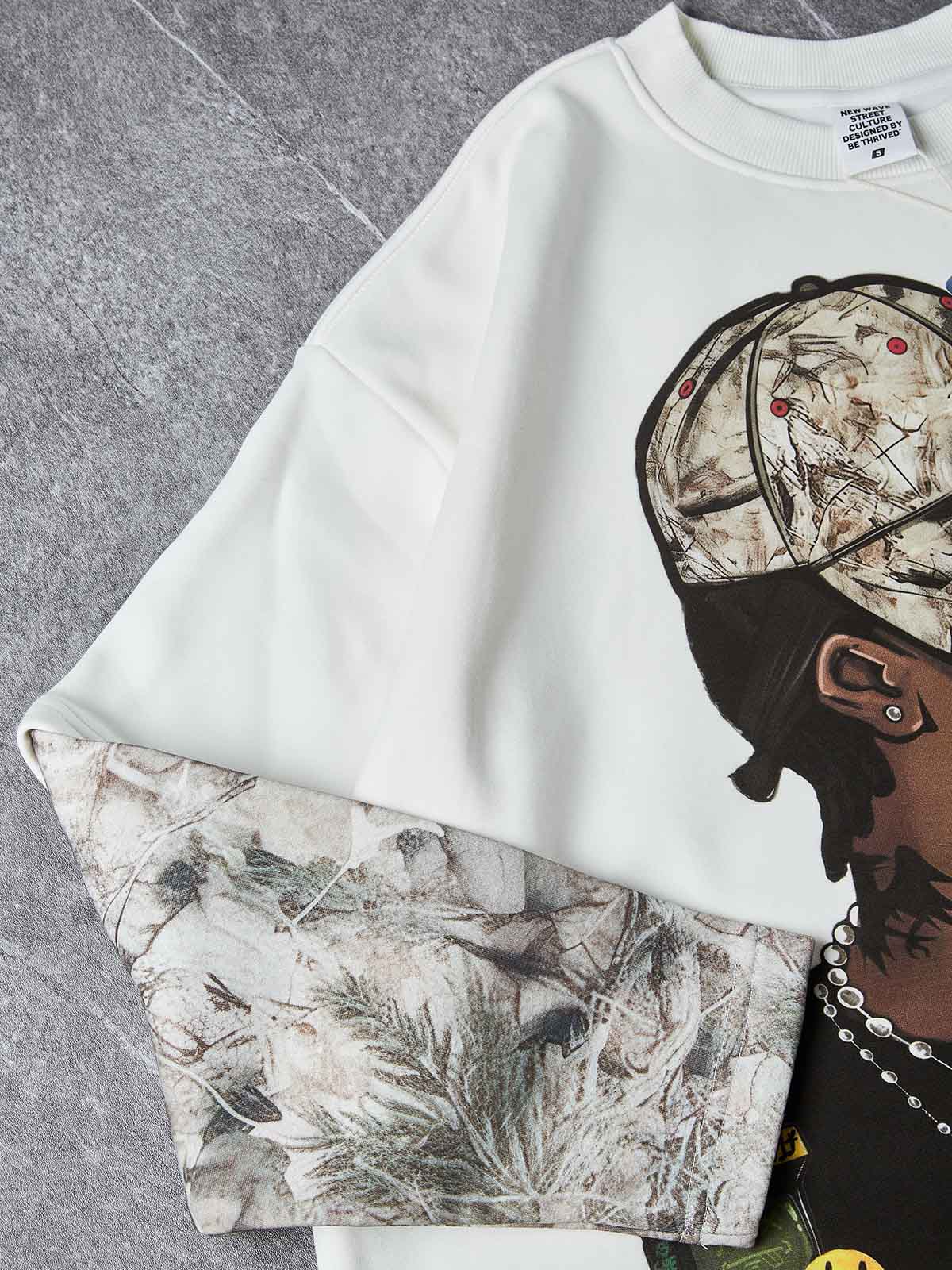 "URBAN CAMO" PORTRAIT PATCHWORK CREWNECK – BONE WHITE OVERSIZED LONG SLEEVE - Image 6