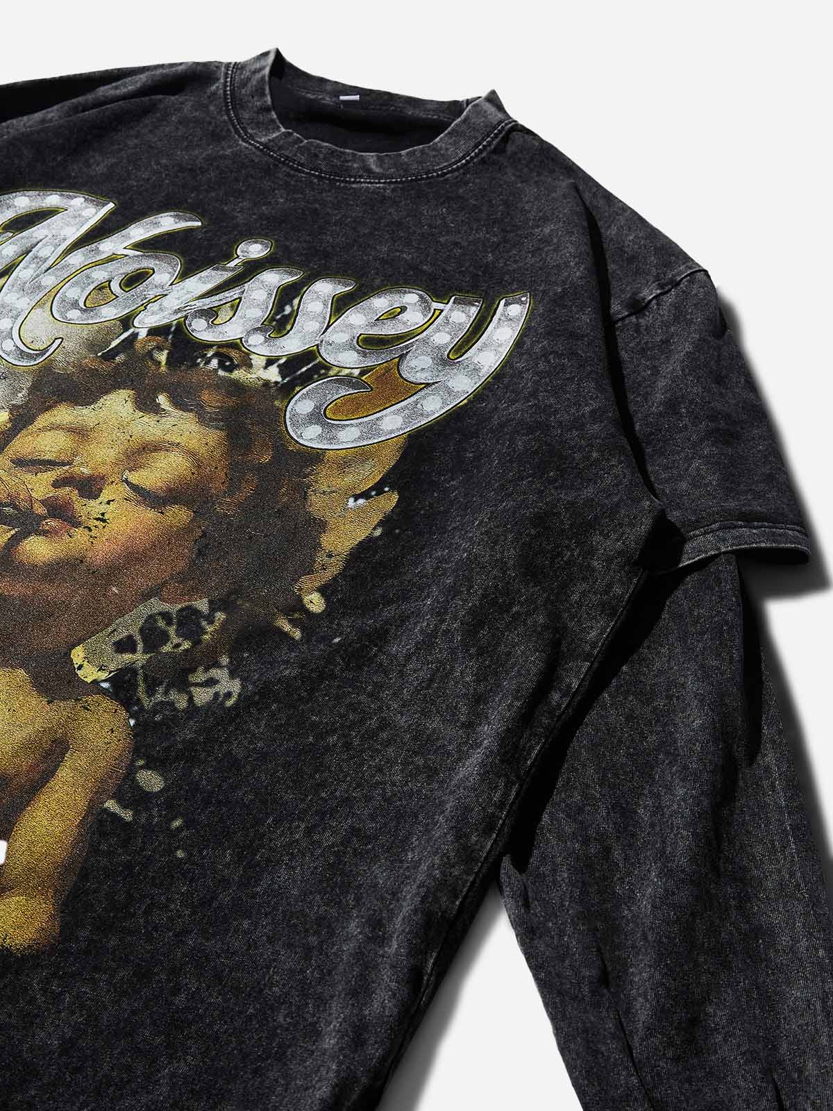 Vintage Little Angel Black Washed Fake Two-Piece Printed Long-Sleeve Shirt - Image 3