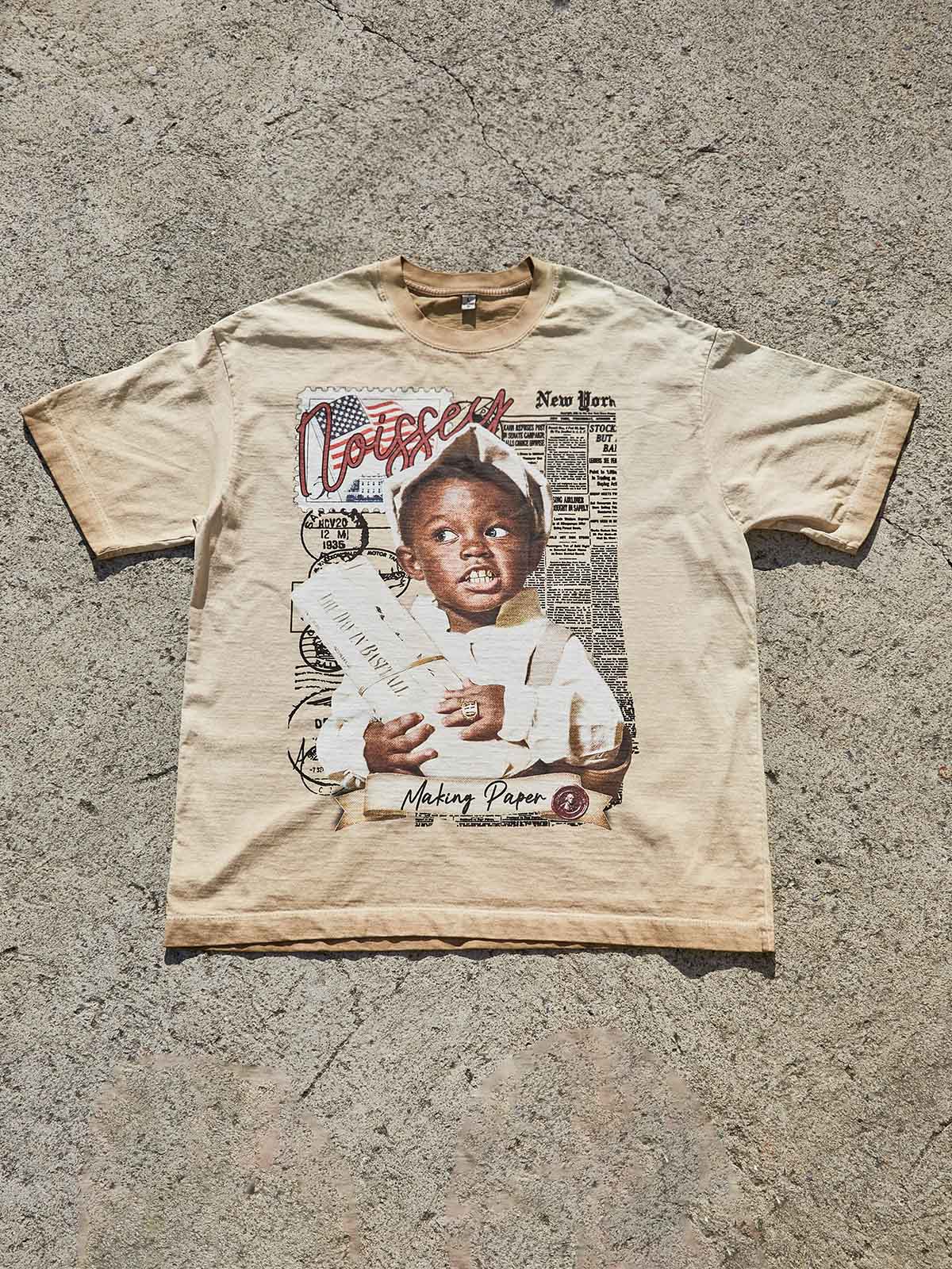 Vintage Street Newsboy Graphic Tee - "Making Paper" Retro Art T-Shirt - Image 2