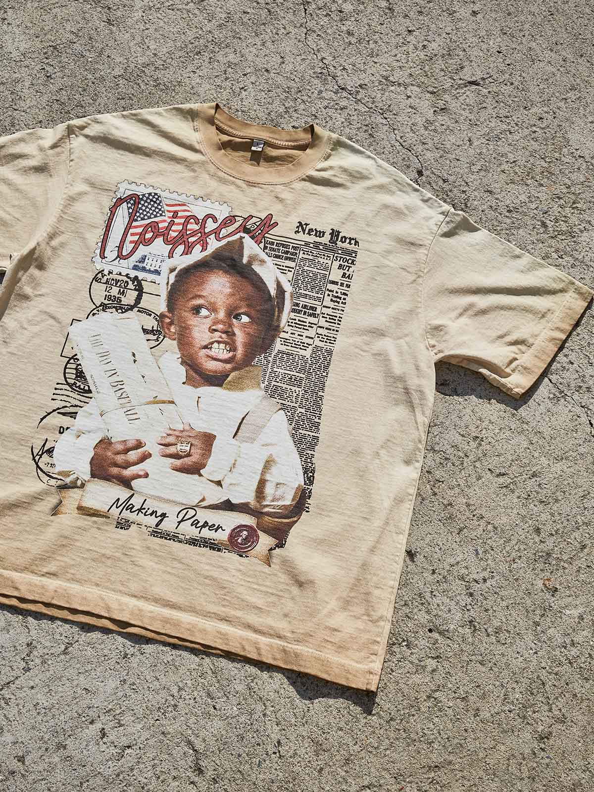 Vintage Street Newsboy Graphic Tee - "Making Paper" Retro Art T-Shirt - Image 3