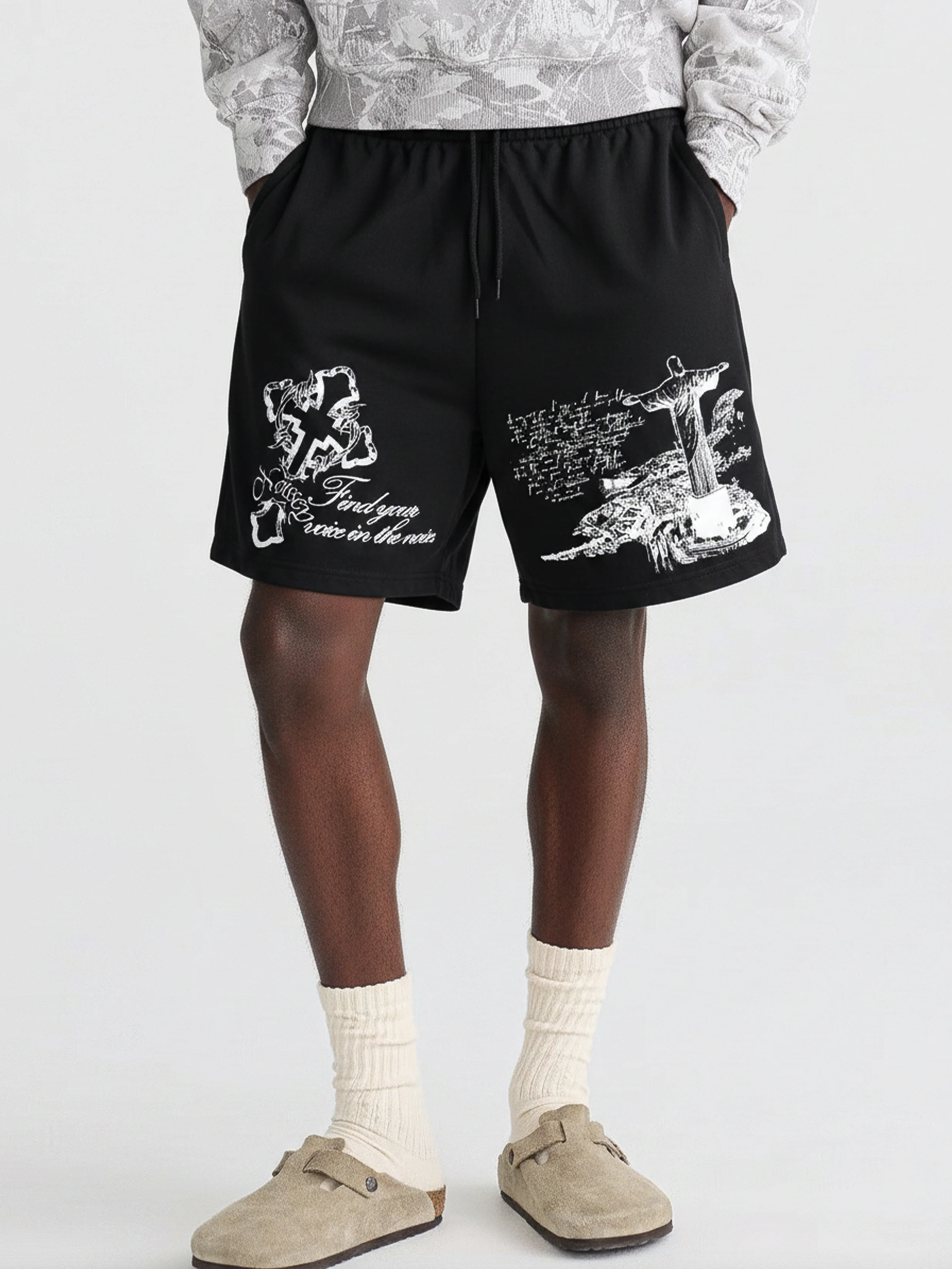 NOISSEY Waters of Faith Christ Cross Art Distressed Print Shorts-Onyx Black - Image 3