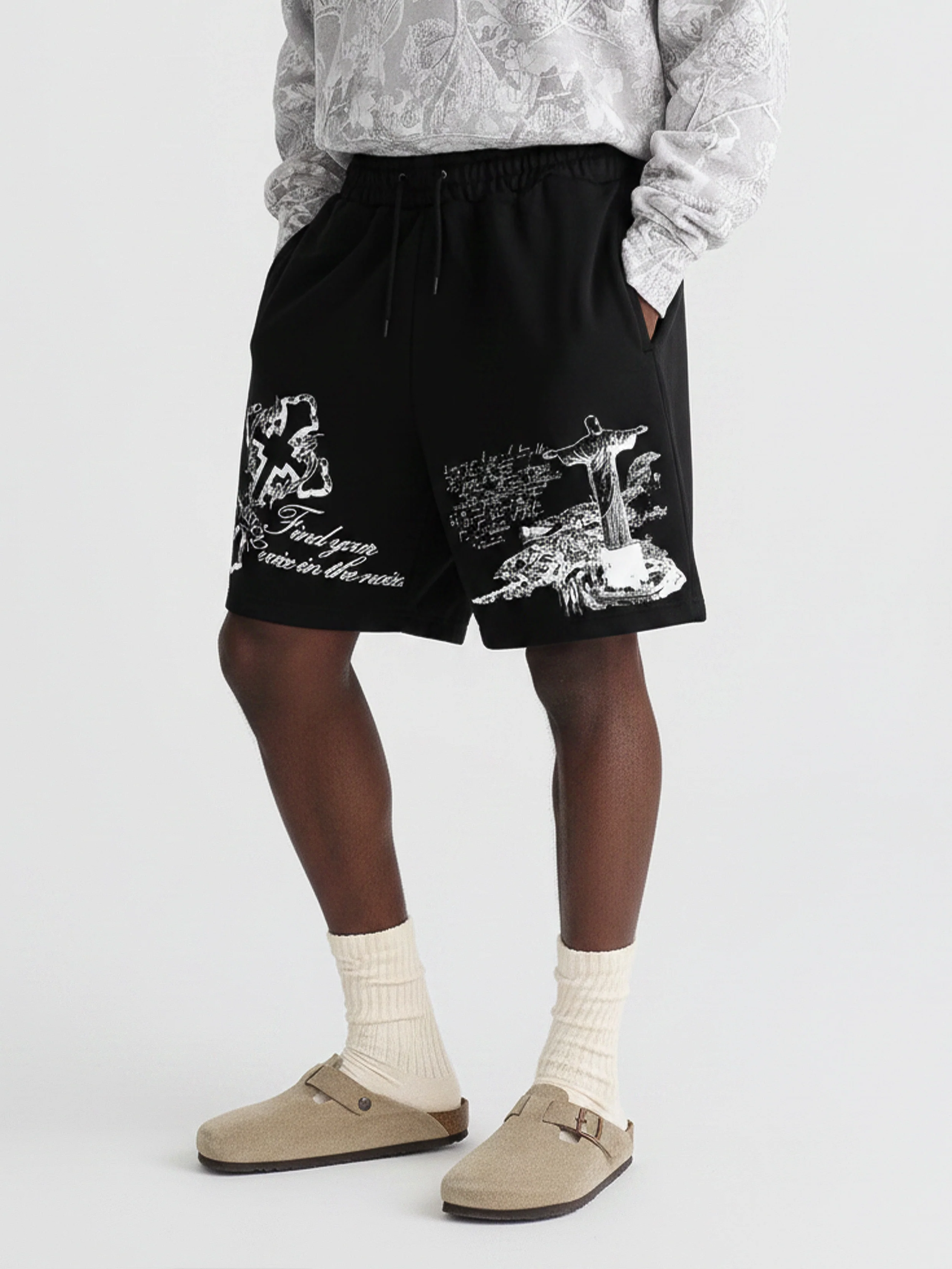NOISSEY Waters of Faith Christ Cross Art Distressed Print Shorts-Onyx Black - Image 4